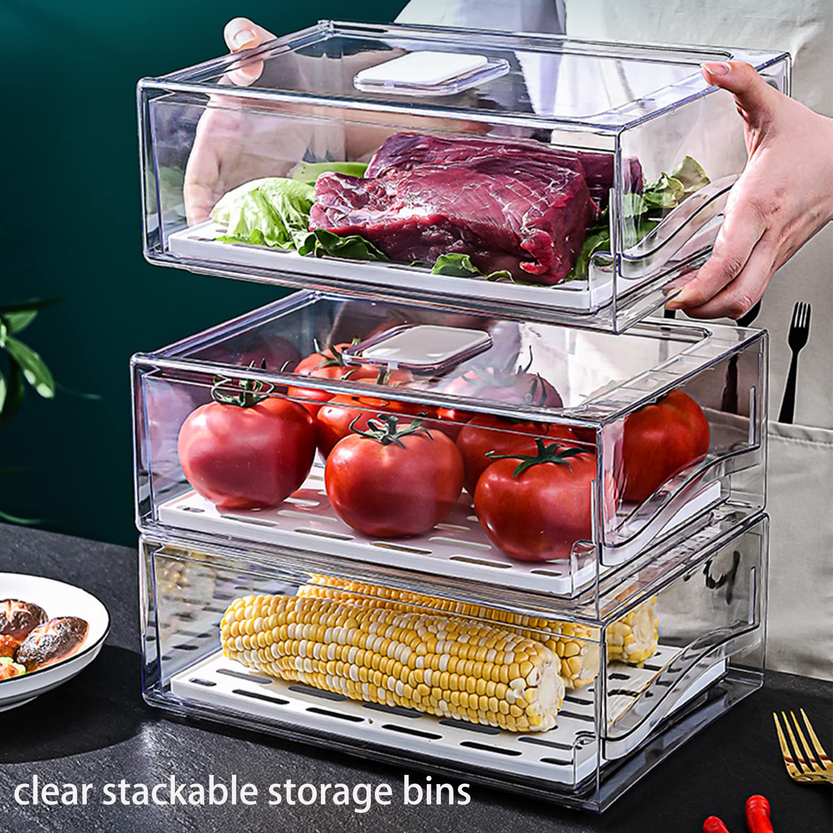 Diskary Fridge Organizer, Stackable Refrigerator Organizer Bins, Reusable Food Storage Containers, Fridge Drawer Organizer in Home Kitchen, Barbecue Shop, Restaurant, BPA-Free (2 Drawers, Large) U1