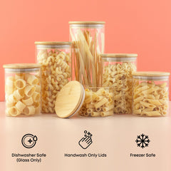 JoyJolt Borosilicate Glass Jars With Bamboo Lids. 6 Pc Set of Air Tight Sealable Containers. Food Jar Canisters with Airtight Lid for Pantry Storage and Kitchen Organization. U1