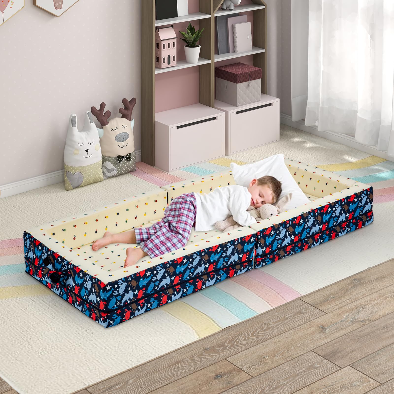 Umoving 100% Cotton Lining Portable Foldable Toddler Travel Bed - Soft Foam Floor Bed with Washable Cover, Safe and Comfortable Toddler Crib, Ocean Blue Ocean Blue  U1