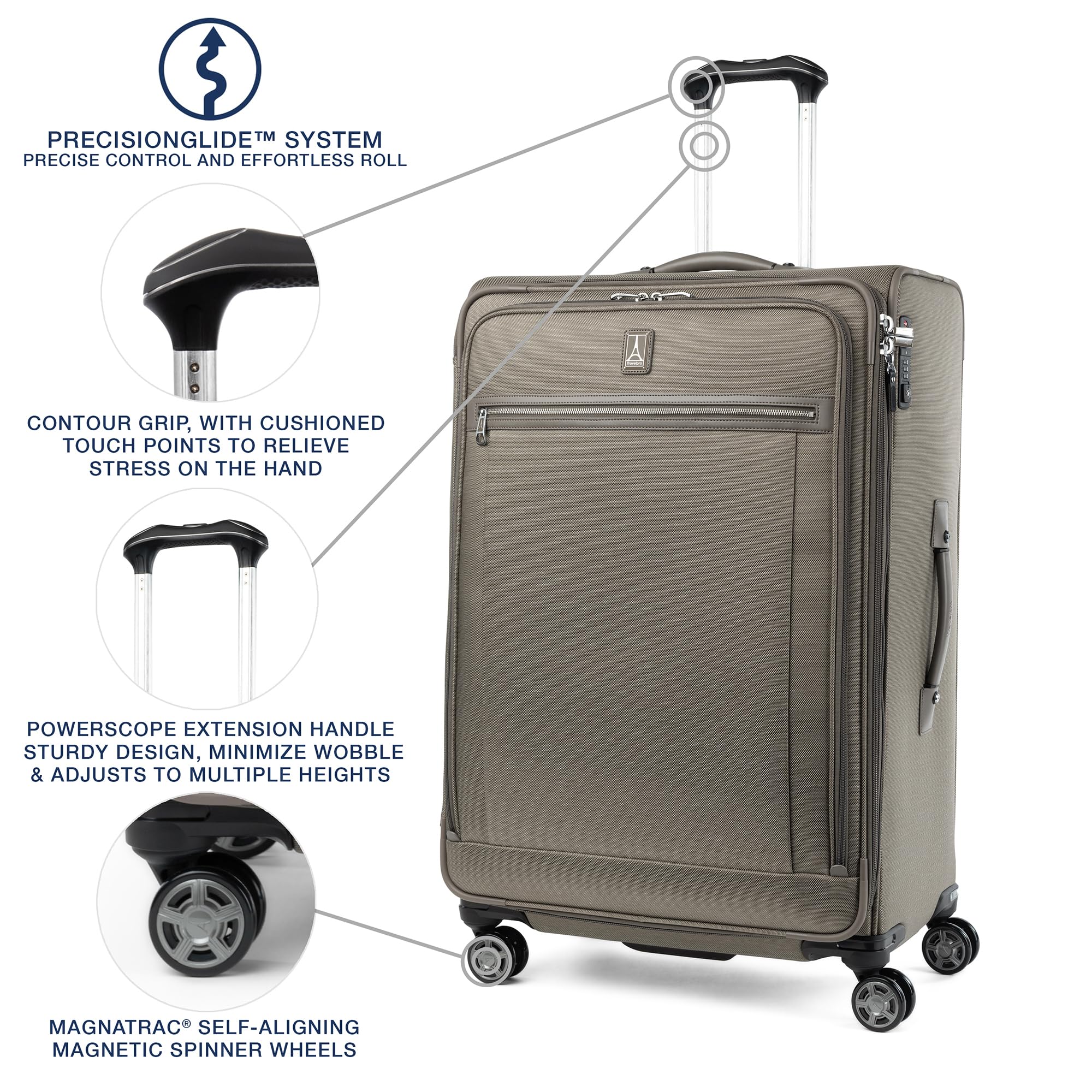 Travelpro Platinum Elite Softside Expandable Checked Luggage, 8 Wheel Spinner Large Suitcase, TSA Lock, Men and Women, Metallic Sand, Checked Large 29-Inch Metallic Sand Checked-Large 29-Inch U1