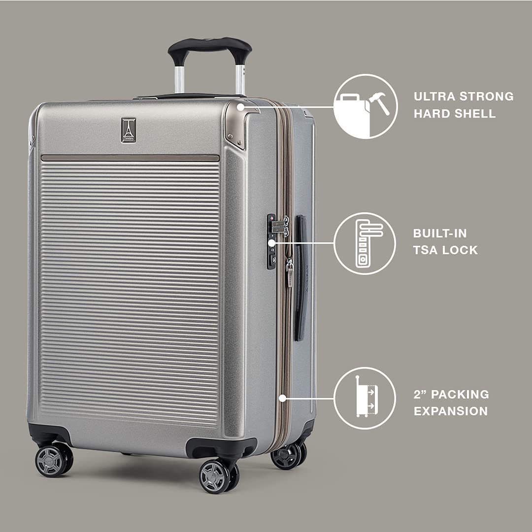 Travelpro Platinum Elite Hardside Expandable Spinner Wheel Luggage TSA Lock Hard Shell Polycarbonate Suitcase Metallic Sand Checked Medium 25 Inch U1