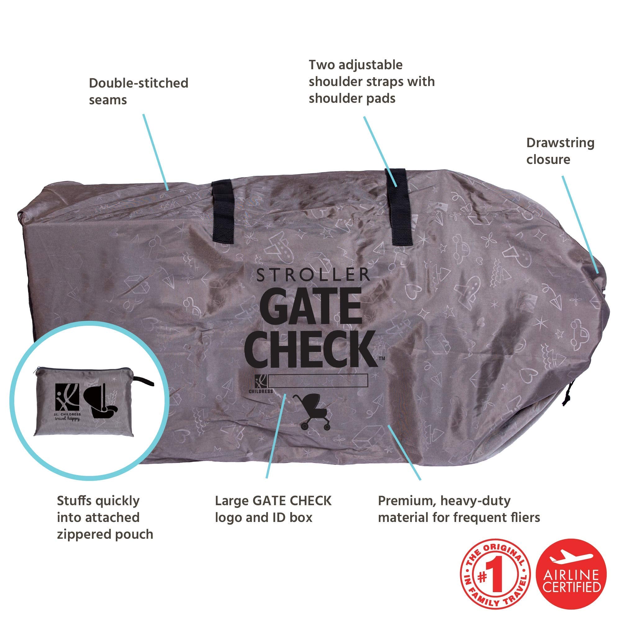 J.L. Childress DELUXE Gate Check Bag for Single & Double Strollers - Premium Heavy-Duty Durable Air Travel Bag, Adjustable Shoulder Straps - Fits Most Single & Double Strollers, Grey ( Grey ) Grey  U1