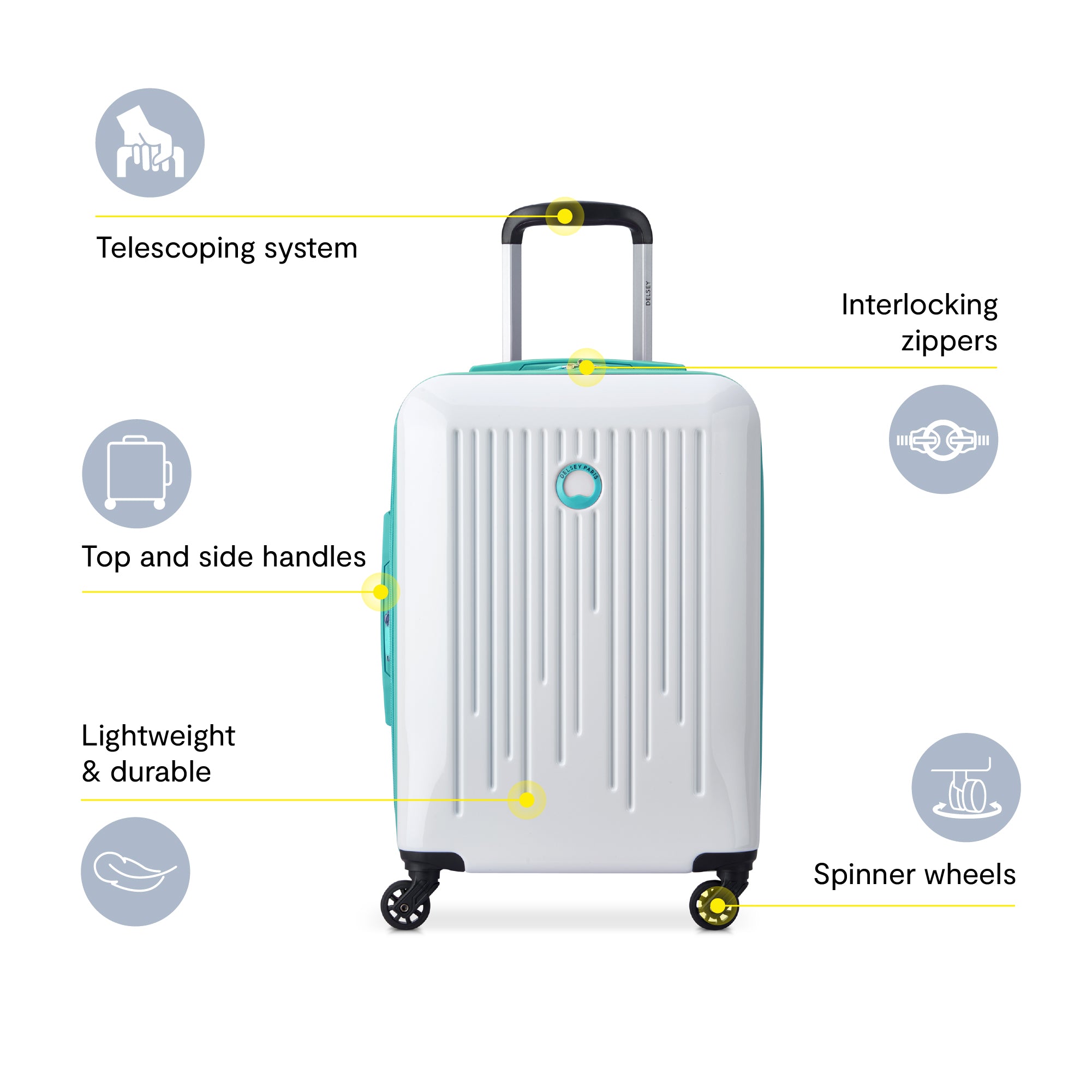 Delsey Paris Christine Hardside Expandable Luggage with Spinner Wheels ( White with Teal Trim , 3 Piece Set (20/24/28) ) White with Teal Trim 3 Piece Set 20 24 28 U1
