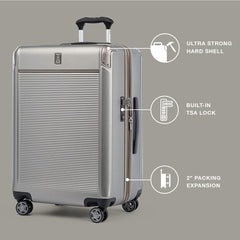 Travelpro Platinum Elite Hardside Expandable Spinner Wheel Luggage TSA Lock Hard Shell Polycarbonate Suitcase ( Metallic Sand , Checked- Medium 25-Inch ) Metallic Sand Checked Medium 25 Inch U2
