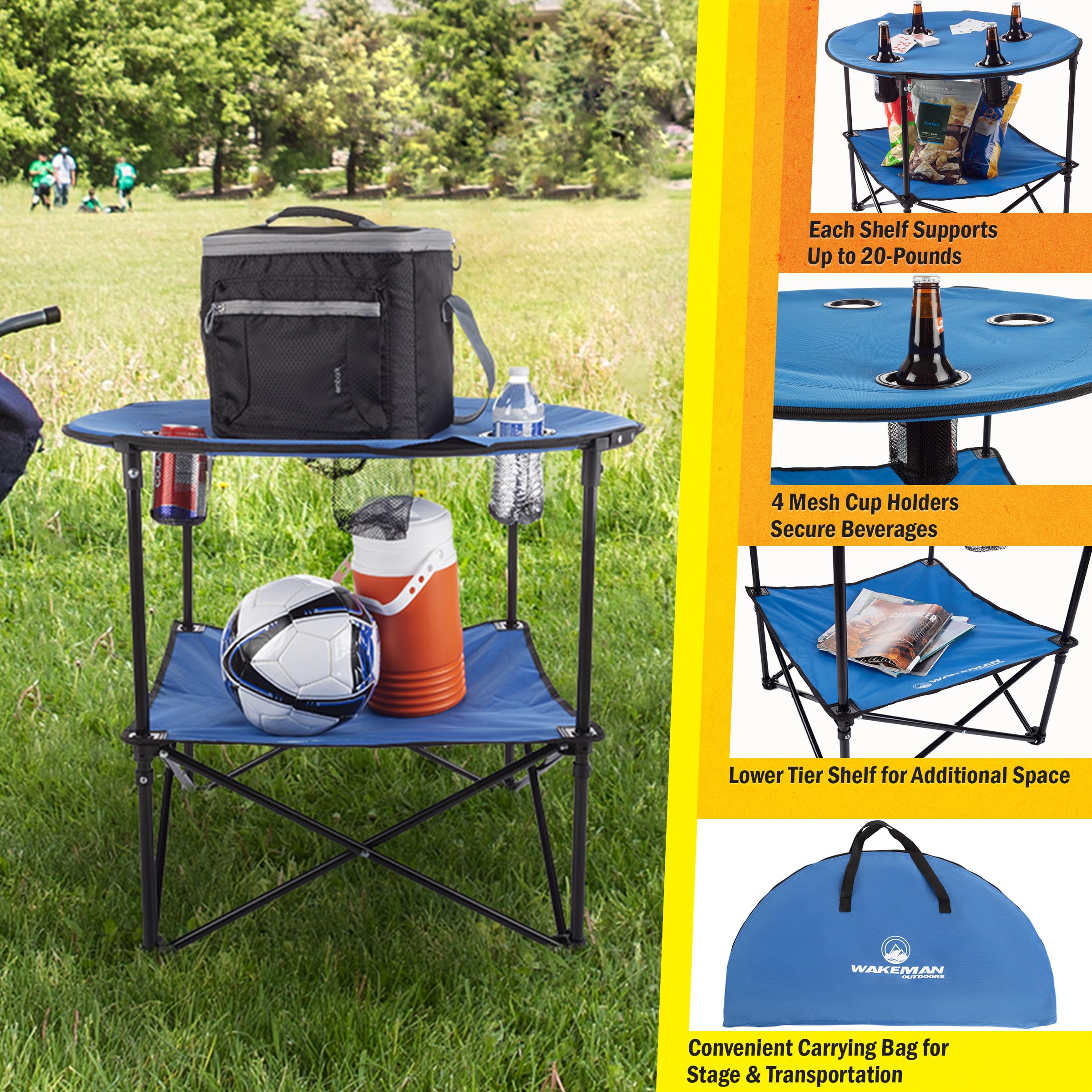 Wakeman Camp Table - Round 2-Tier Folding Table with 4 Cupholders and Carrying Bag - for Camping, Beach, Picnic, Sporting Events, and More Outdoors,Blue Blue 20" x 20" x 25.25" U1