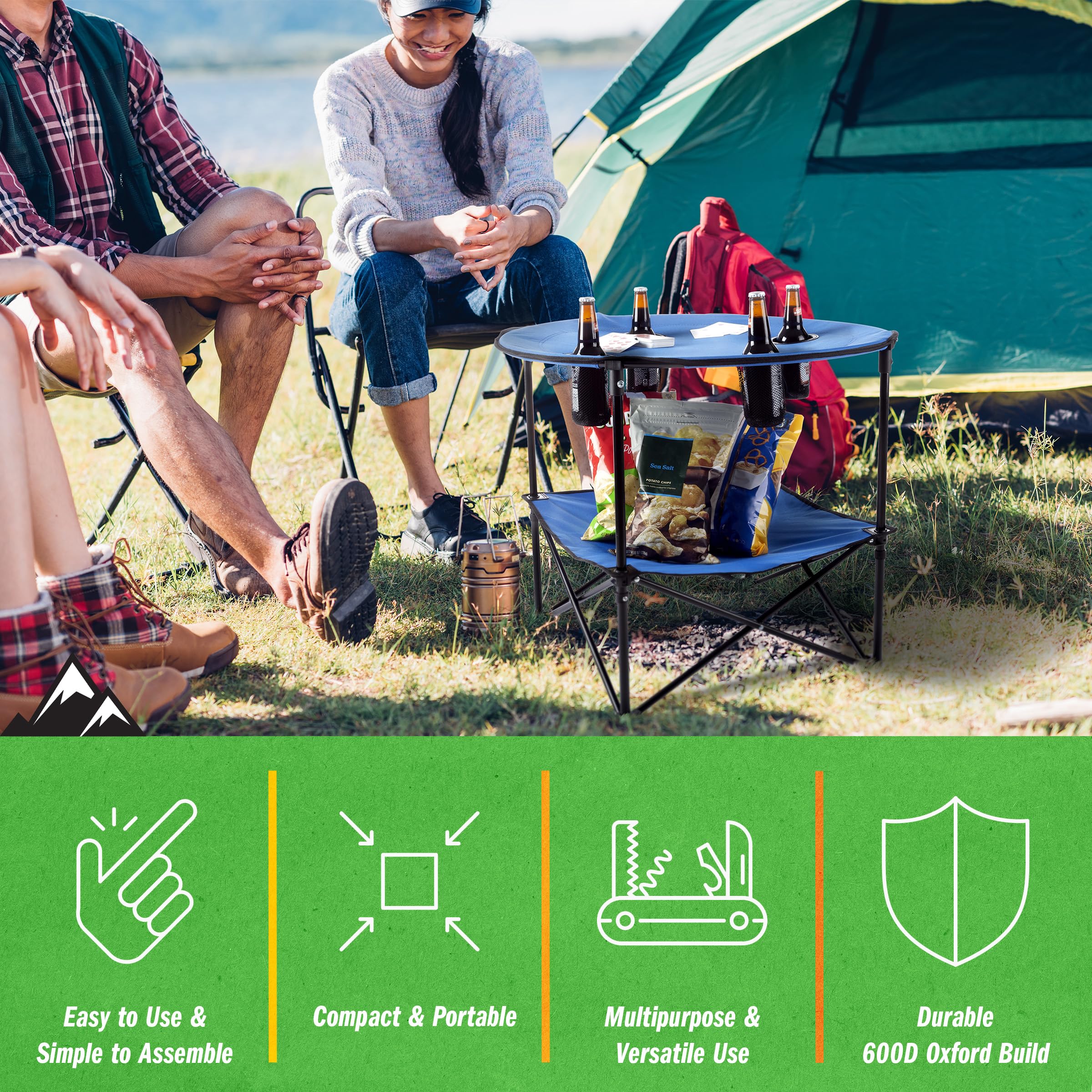 Wakeman Camp Table - Round 2-Tier Folding Table with 4 Cupholders and Carrying Bag - for Camping, Beach, Picnic, Sporting Events, and More Outdoors,Blue Blue 20" x 20" x 25.25" U1