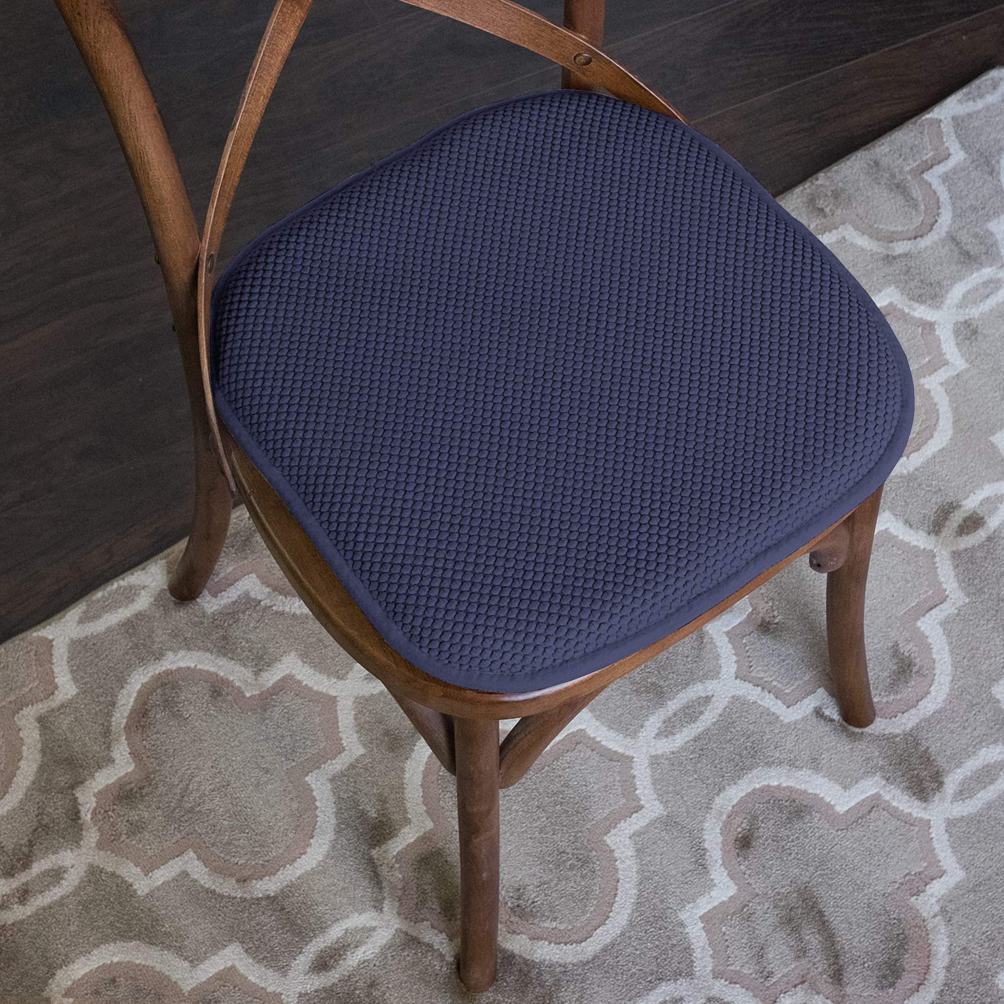 Sweet Home Collection Memory Foam Chair Cushion Honeycomb Pattern Solid Color Slip Non Skid Rubber Back Ultimate Comfort and Softness Rounded Square 16" x 16" Seat Cover,2 Pack,Navy Blue, 2 Piece Navy 2 Pack U1