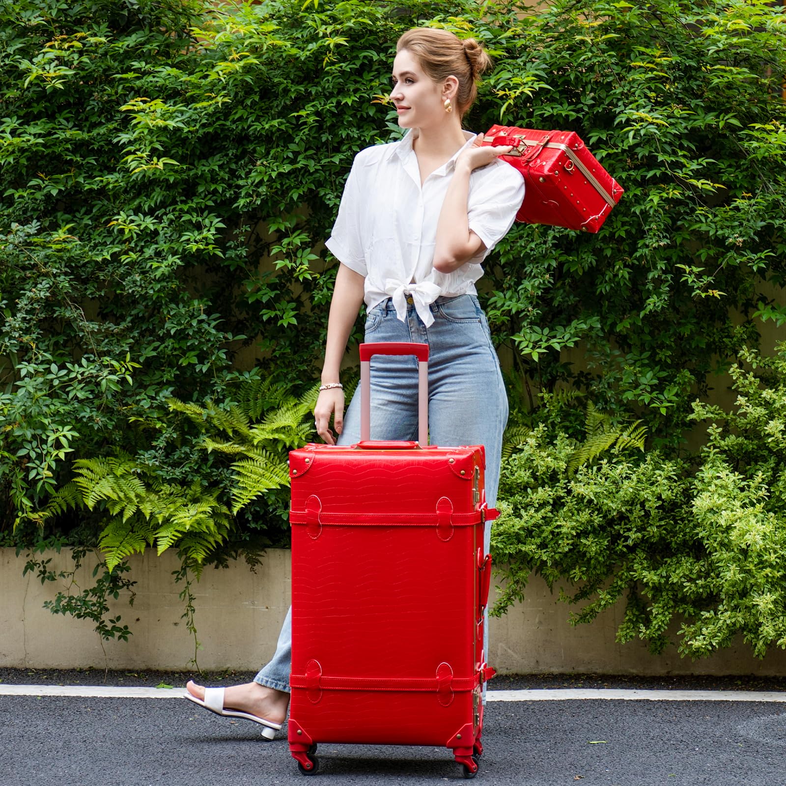 urecity Vintage Luggage Set of 2, Retro Suitcase Trunk with Wheels for Men and Women, Cute Designer Travel Luggage Set with Boarding Tote, Luggage Zipperless TSA Approved Red 20"+12" U1