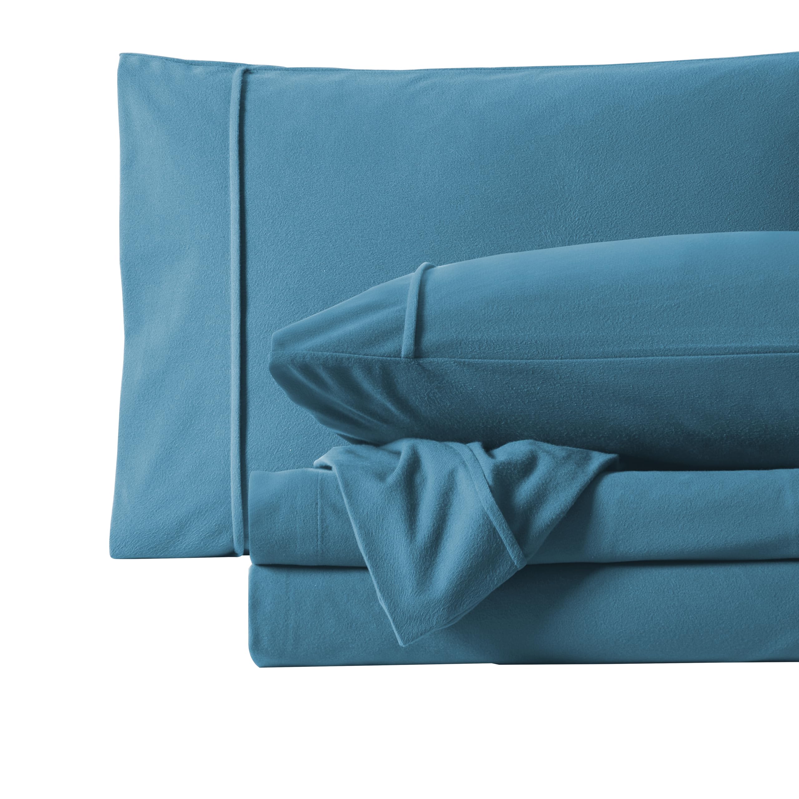 Flannel Sheets Queen Size Warm and Cozy Deep Pocket Breathable All Season Bedding Set with Fitted with Full Elastic & Built in Corner Sheet Straps, Flat and Pillowcases, Queen, Denim Denim Blue Queen U1