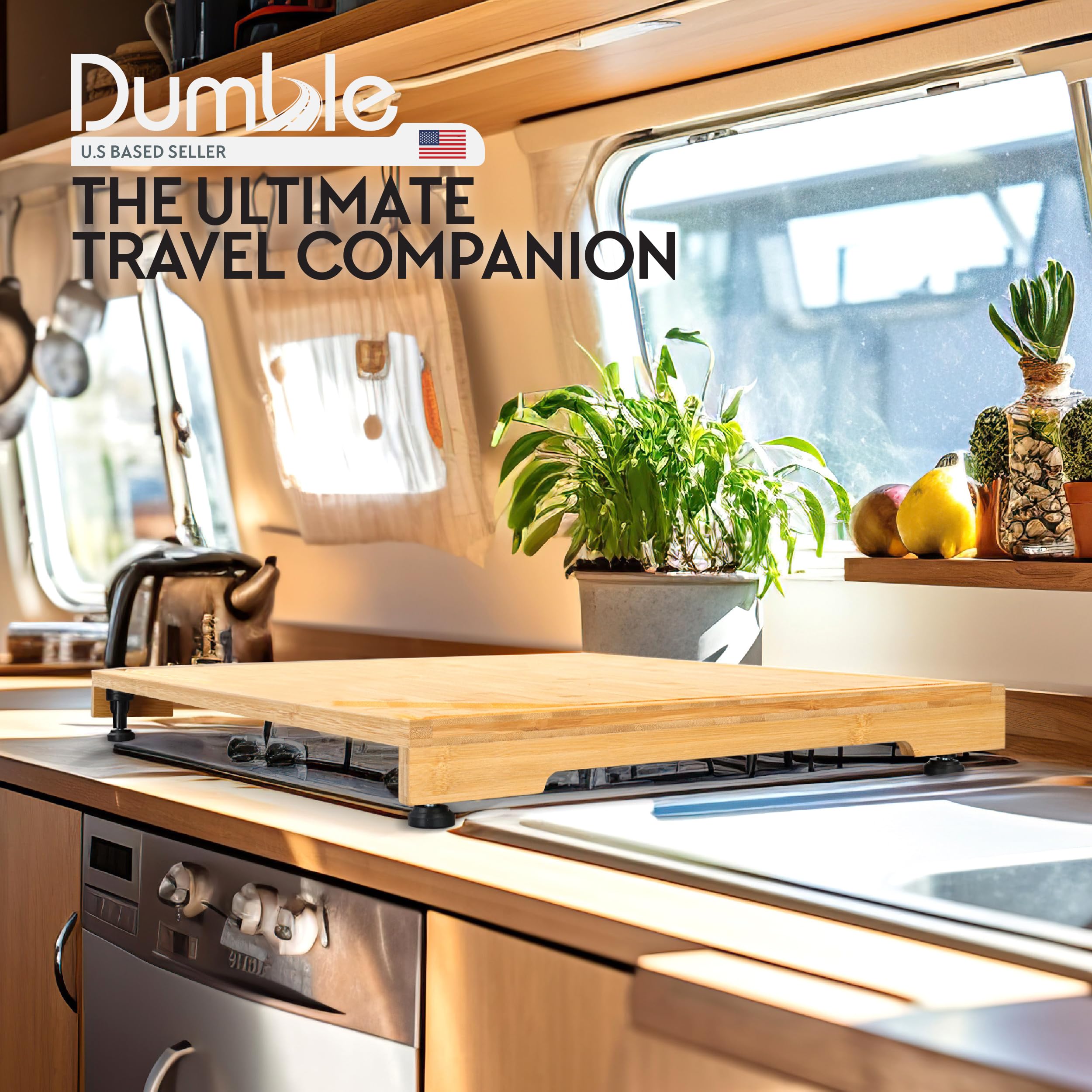 Dumble RV Stove Cover Board - 30x21 Inch Bamboo Cutting Board Stove Cover for Camper Trailer Gas or Electric Range - Noodle Board Butcher Block for Cooktop with Adjustable Height Feet U1