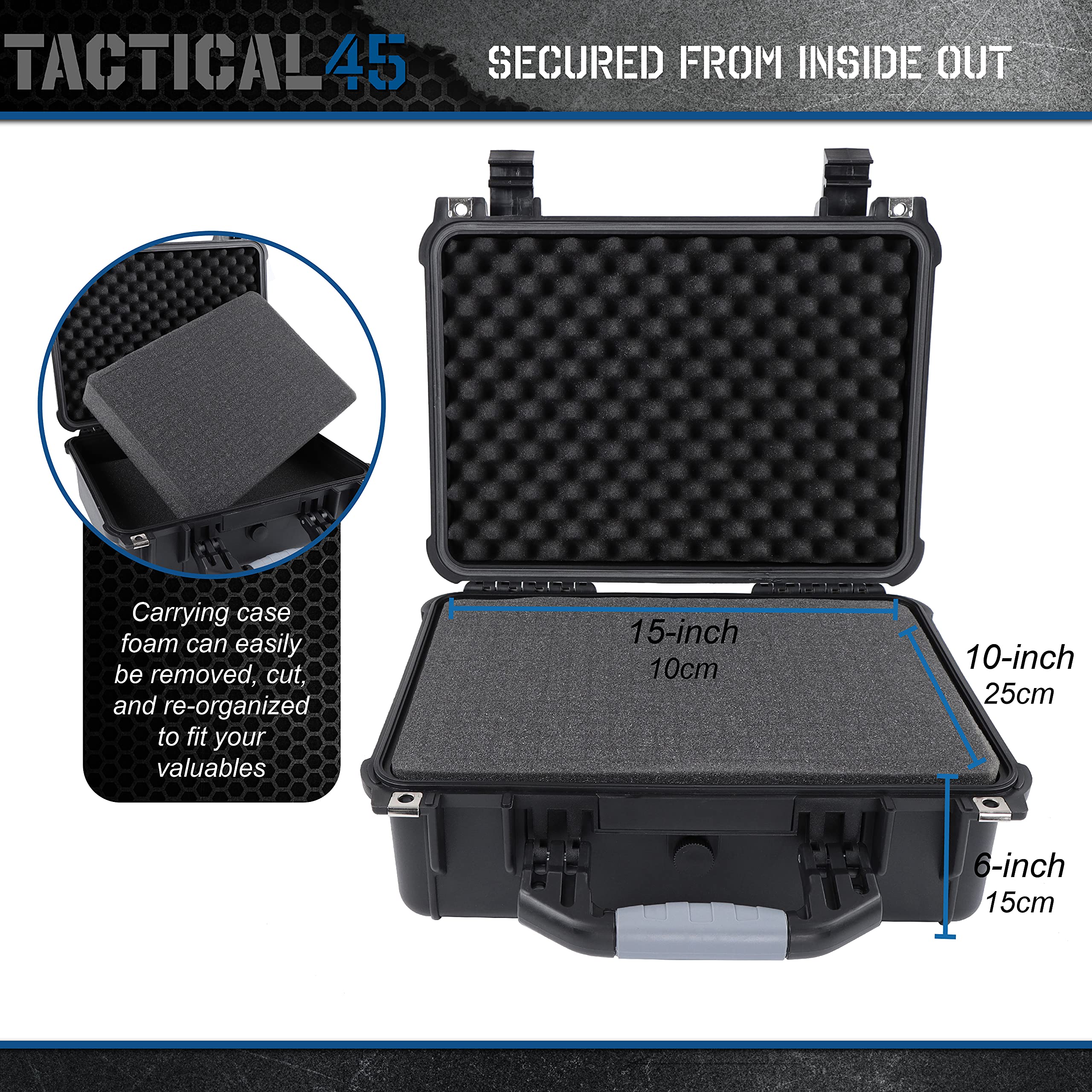 Tactical45 Hard Case with Foam - 16 x 13 x 7in Hard Shell Waterproof Storage Case with Pluck Padding Protective Latching Suitcase for Rifles, Cameras, Handguns, Drones, Guitars, and Electronics U2