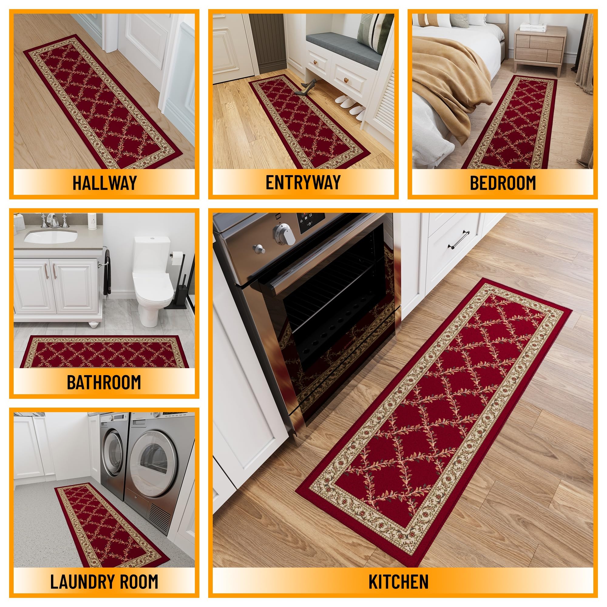 Ottomanson 3'3" x 5' Rugs for Living Room Trellis Area Rug for Bedroom - Non Slip Durable Large Floor Carpet for High Traffic Areas - Indoor Rug for Dining Room Kitchen Kids Playroom, Red Red 2140 3'3" x 5' (Area Rug) U1