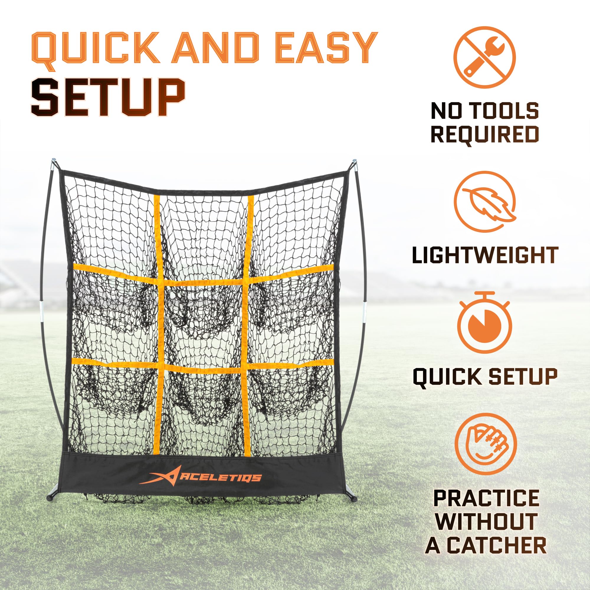 ACELETIQS® 9 Hole Pitching Net with Strike Zone for Baseball Pitching Target (Standard & 3X Adjustable Heights) – Portable Pitcher Training Equipment, Heavy-Duty Frame [Rubber+Base+U Stakes Included] black 48" H x 27" W U3