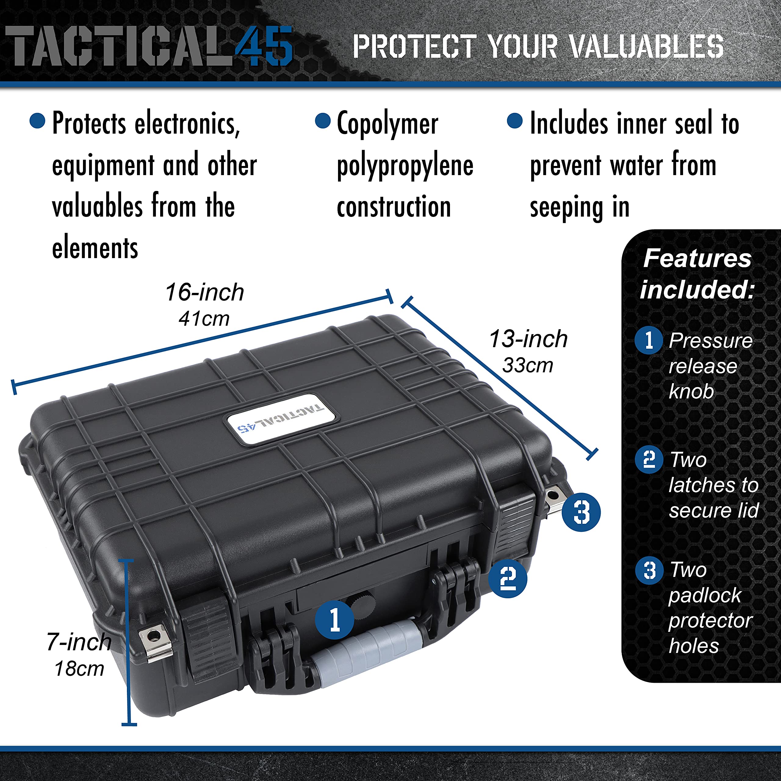 Tactical45 Hard Case with Foam - 16 x 13 x 7in Hard Shell Waterproof Storage Case with Pluck Padding Protective Latching Suitcase for Rifles, Cameras, Handguns, Drones, Guitars, and Electronics U1