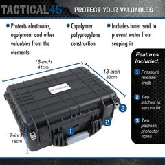 Tactical45 Hard Case with Foam - 16 x 13 x 7in Hard Shell Waterproof Storage Case with Pluck Padding Protective Latching Suitcase for Rifles, Cameras, Handguns, Drones, Guitars, and Electronics U2