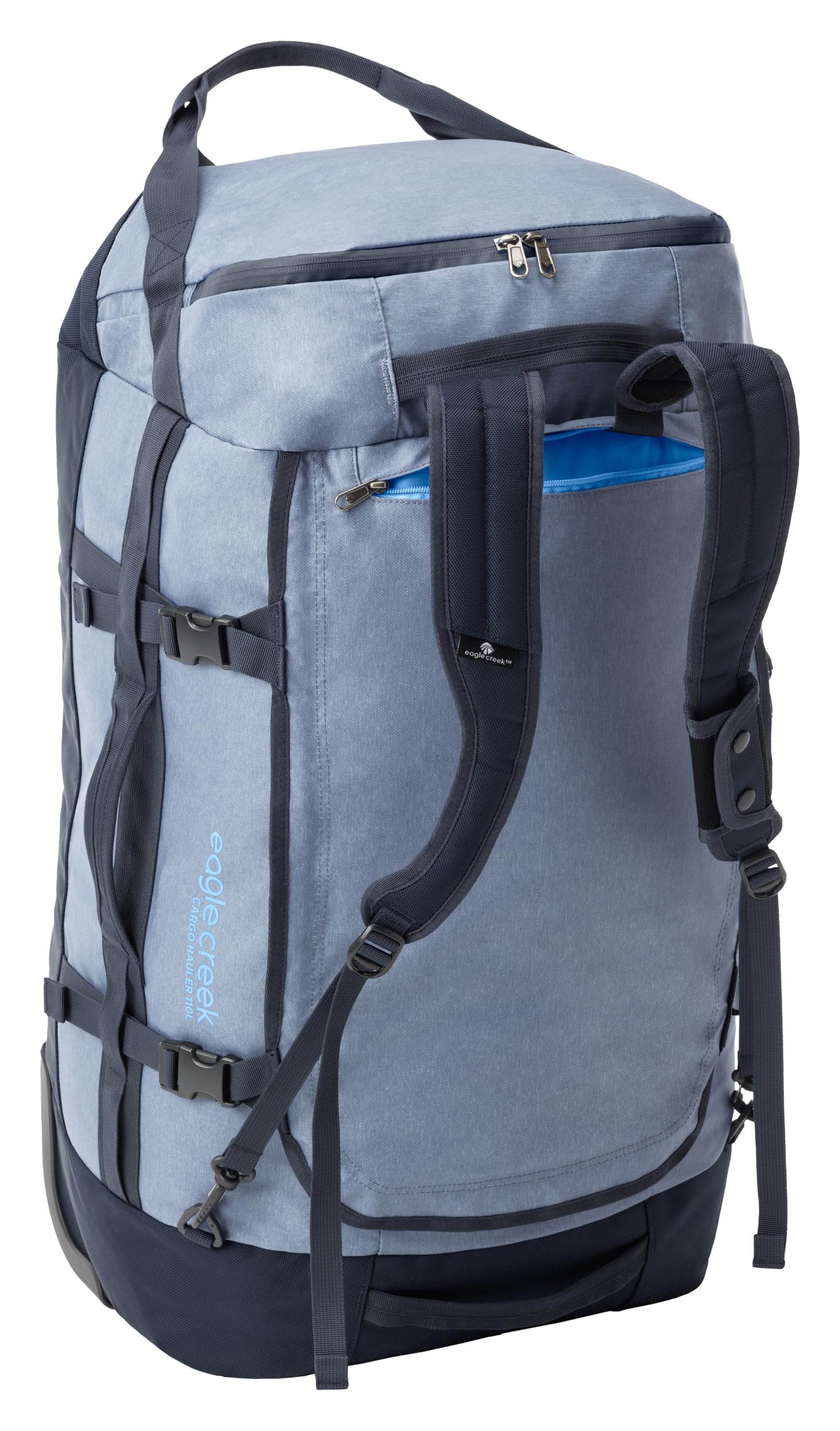 Eagle Creek Cargo Hauler Wheeled Duffel Travel Bag with Backpack Straps and Handles, Lockable U-Lid Opening, End Compartments, and Compression Straps Glacier Blue 110 L U1