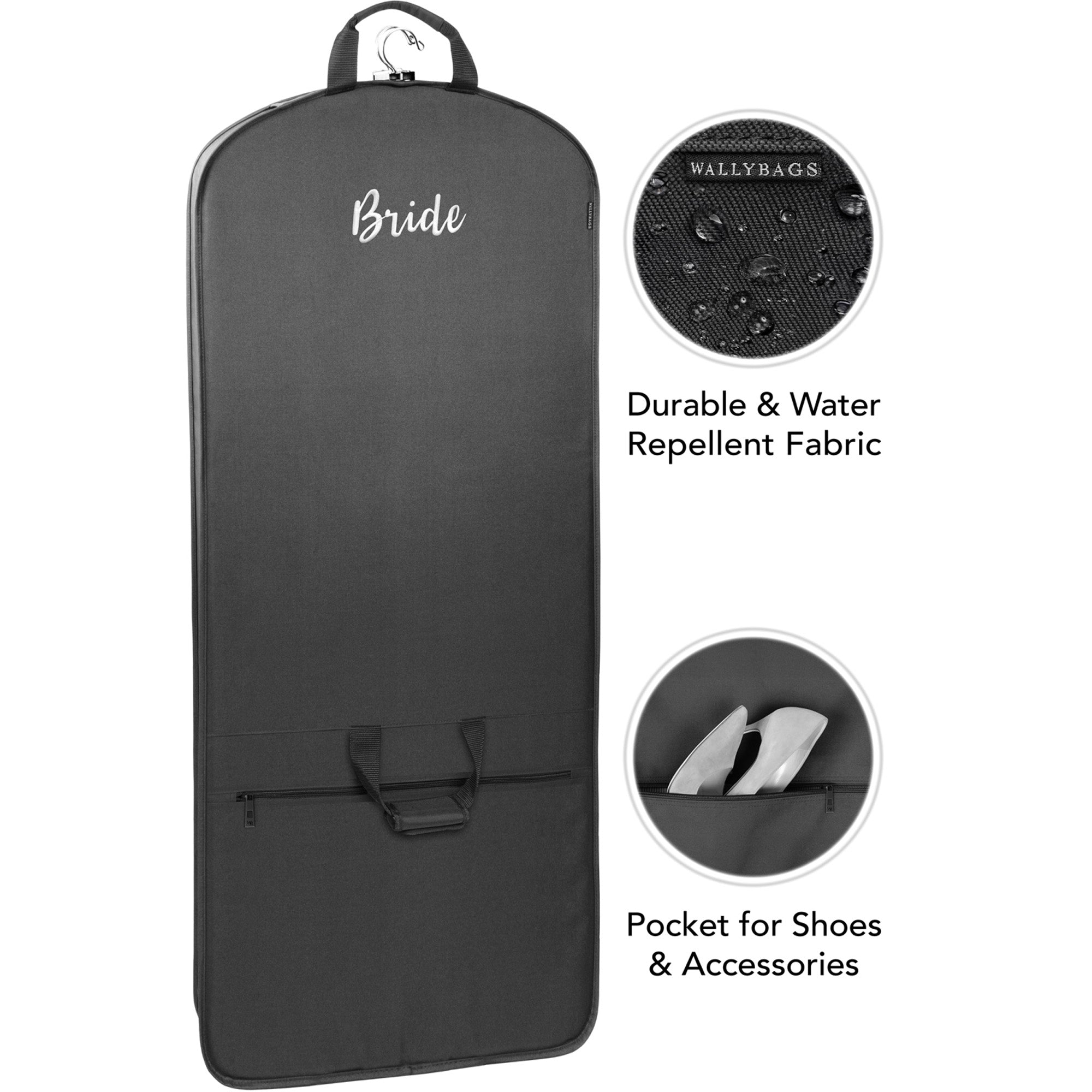 WallyBags Garment Bag 60-Inch Premium Tri-Fold Travel Exterior Pocket ( Black - B1, Bride embroidery , 60-inch ) Black - B1, Bride embroidery 60 Inch U5