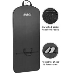 WallyBags Garment Bag 60-Inch Premium Tri-Fold Travel Exterior Pocket ( Black - B1, Bride embroidery , 60-inch ) Black - B1, Bride embroidery 60 Inch U5