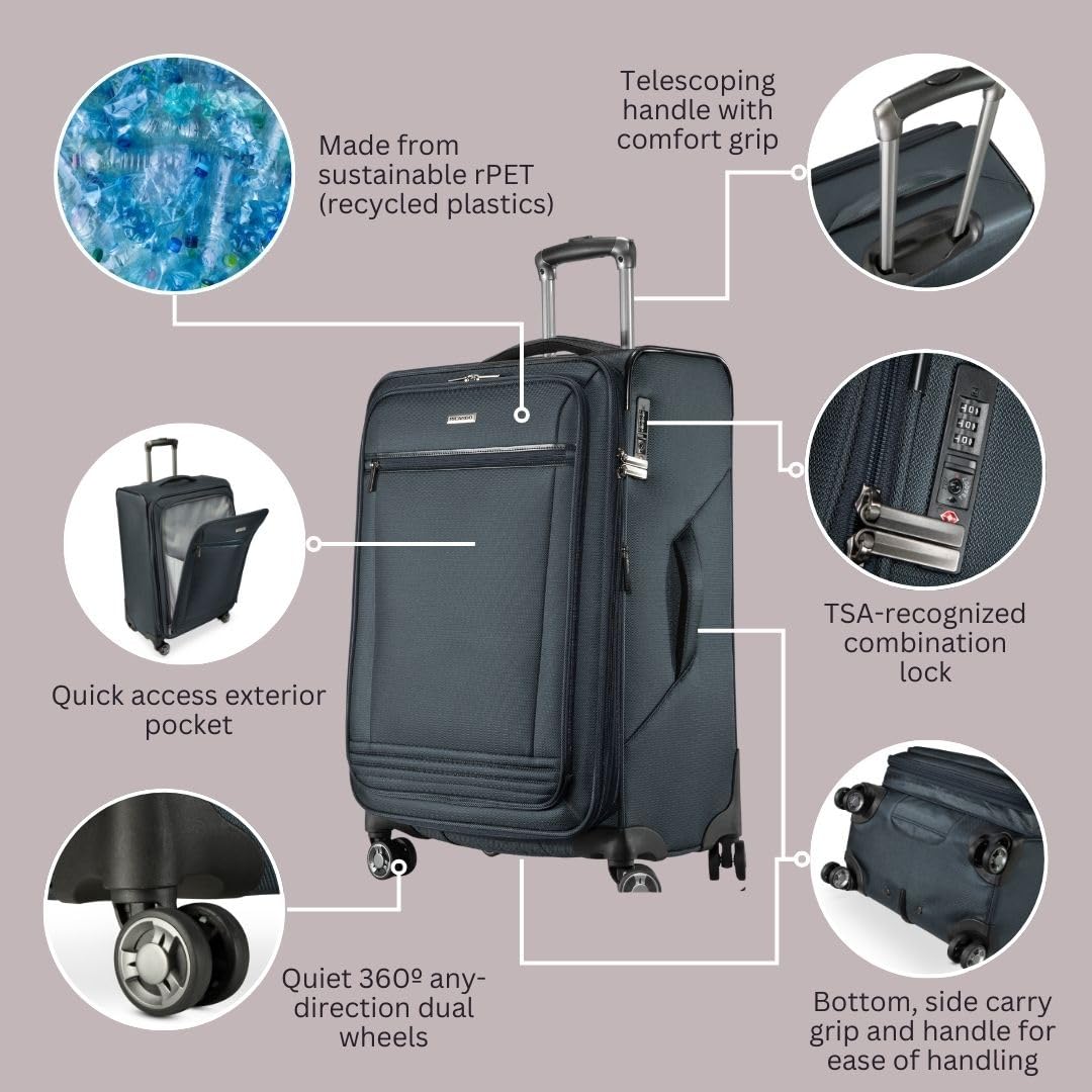 Ricardo Beverly Hills Avalon Softside Luggage Made with Sustainable 100% Recycled PET (rPET), Lightweight, Eco-Friendly Travel, Expandable, Dual Spinner Wheels ( Storm Blue , 24-inch ) Storm Blue 24 Inch U1