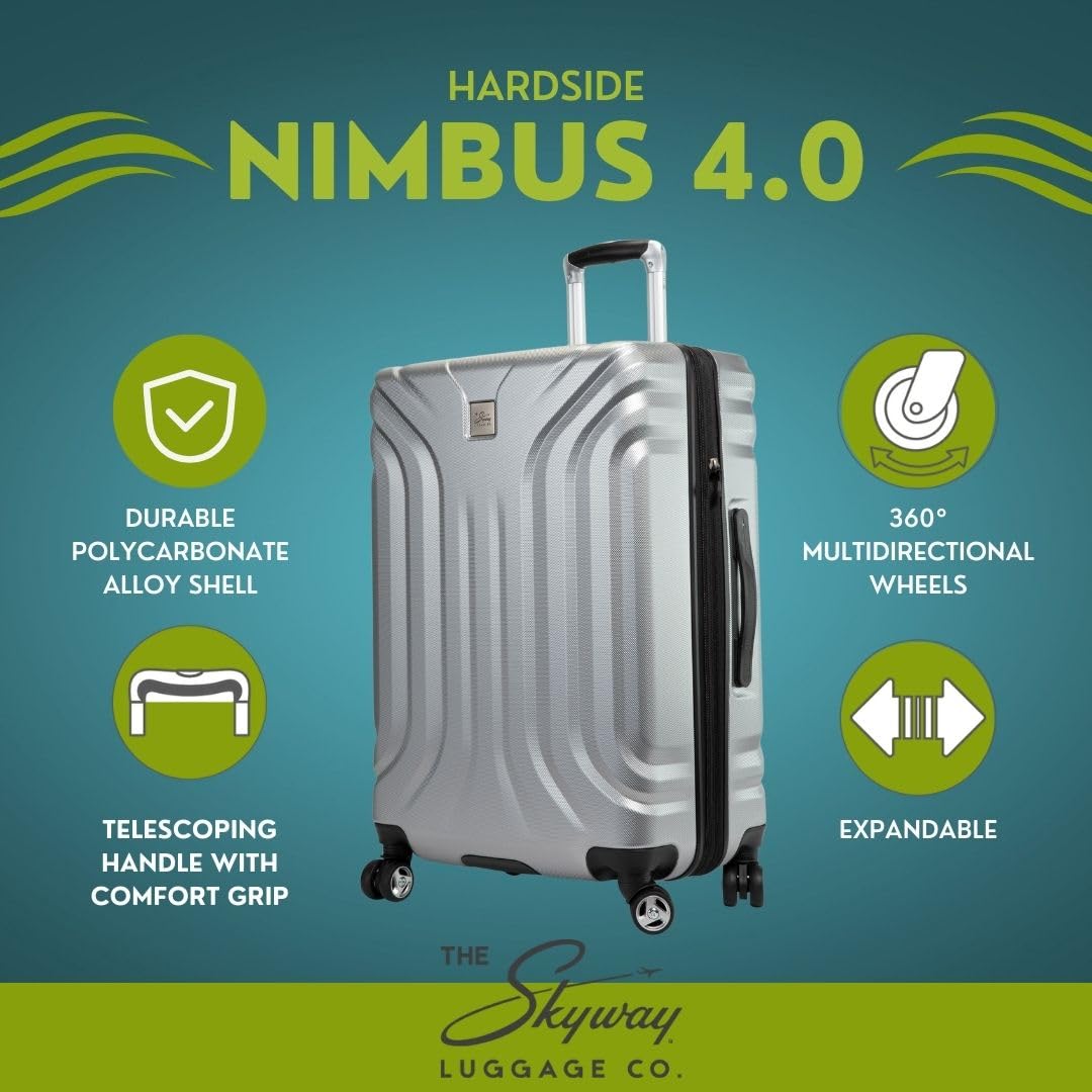 Skyway Nimbus 4.0 Expandable, Durable Hardside, 4 Wheel Spinner, Lightweight Suitcase, Unisex, Stylish, Maritime Blue, Carry-On 20-Inch ( Shiny Silver , Carry-On 20-Inch ) Shiny Silver Carry On 20 Inch U1