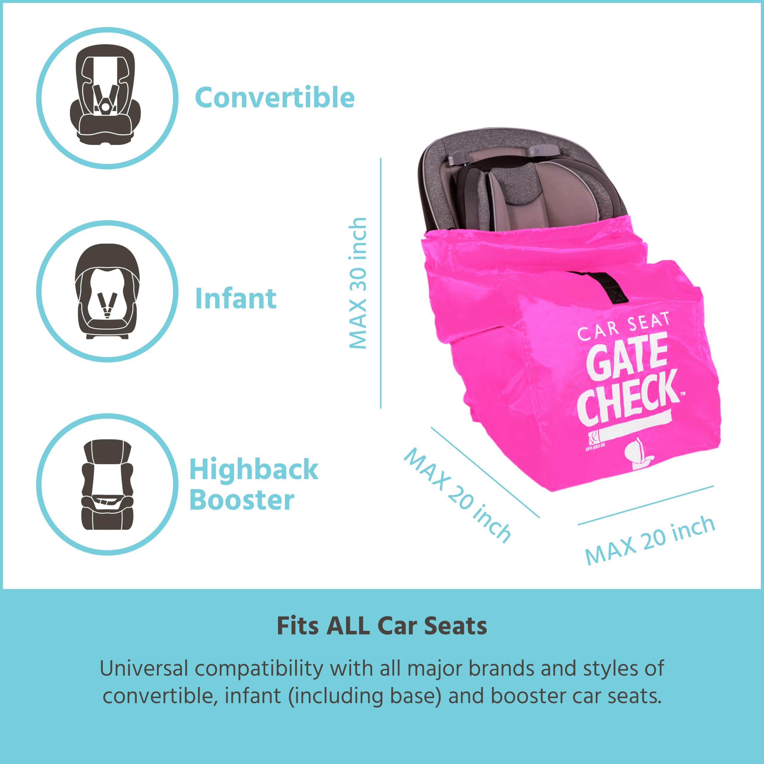 J.L. Childress Gate Check Bag for Car Seats - Air Travel Bag - Fits Convertible Car Seats, Infant carriers & Booster Seats ( Neon Pink , One Size ) Neon Pink One Size U1