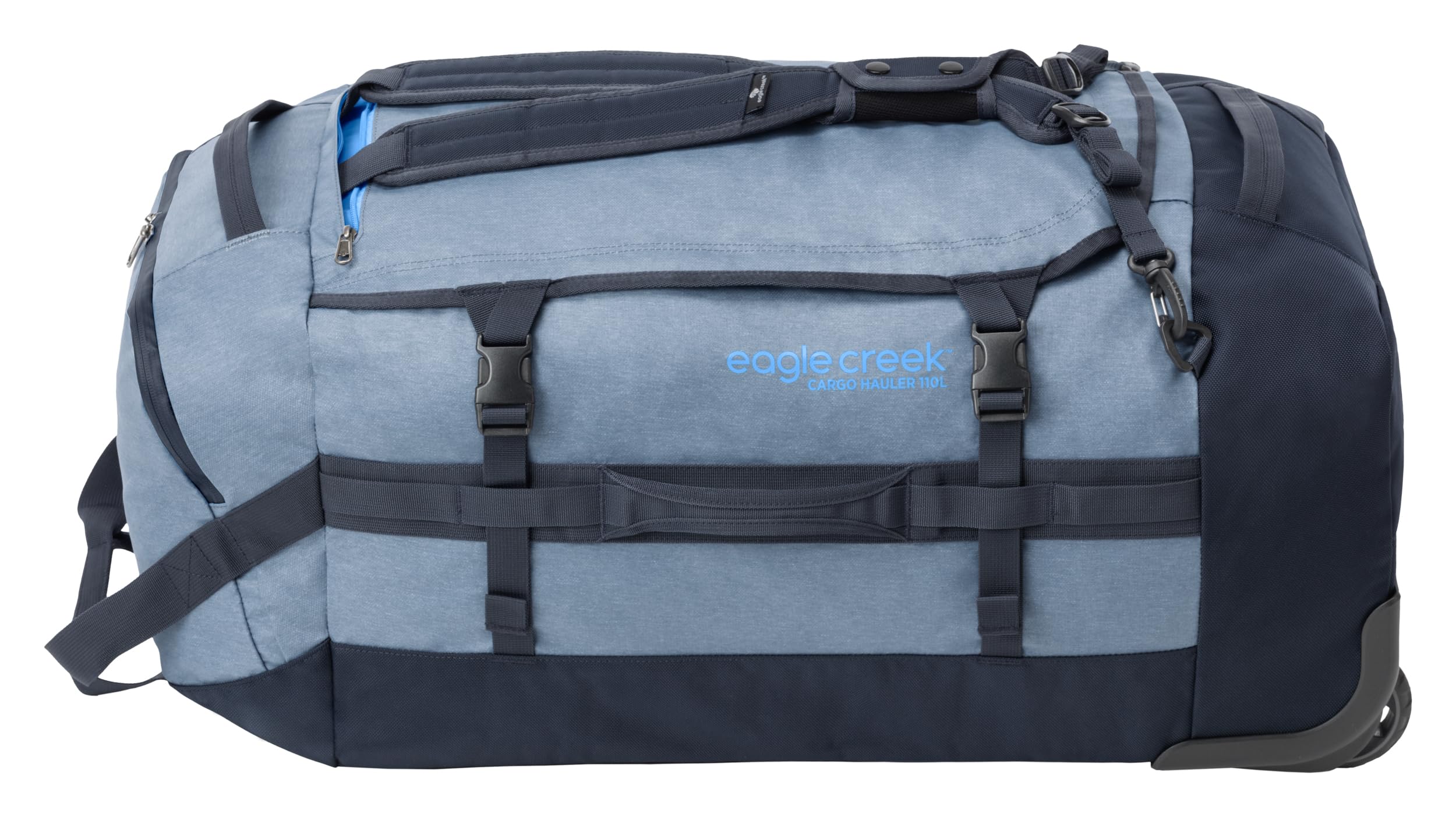 Eagle Creek Cargo Hauler Wheeled Duffel Travel Bag with Backpack Straps and Handles, Lockable U-Lid Opening, End Compartments, and Compression Straps Glacier Blue 110 L U1