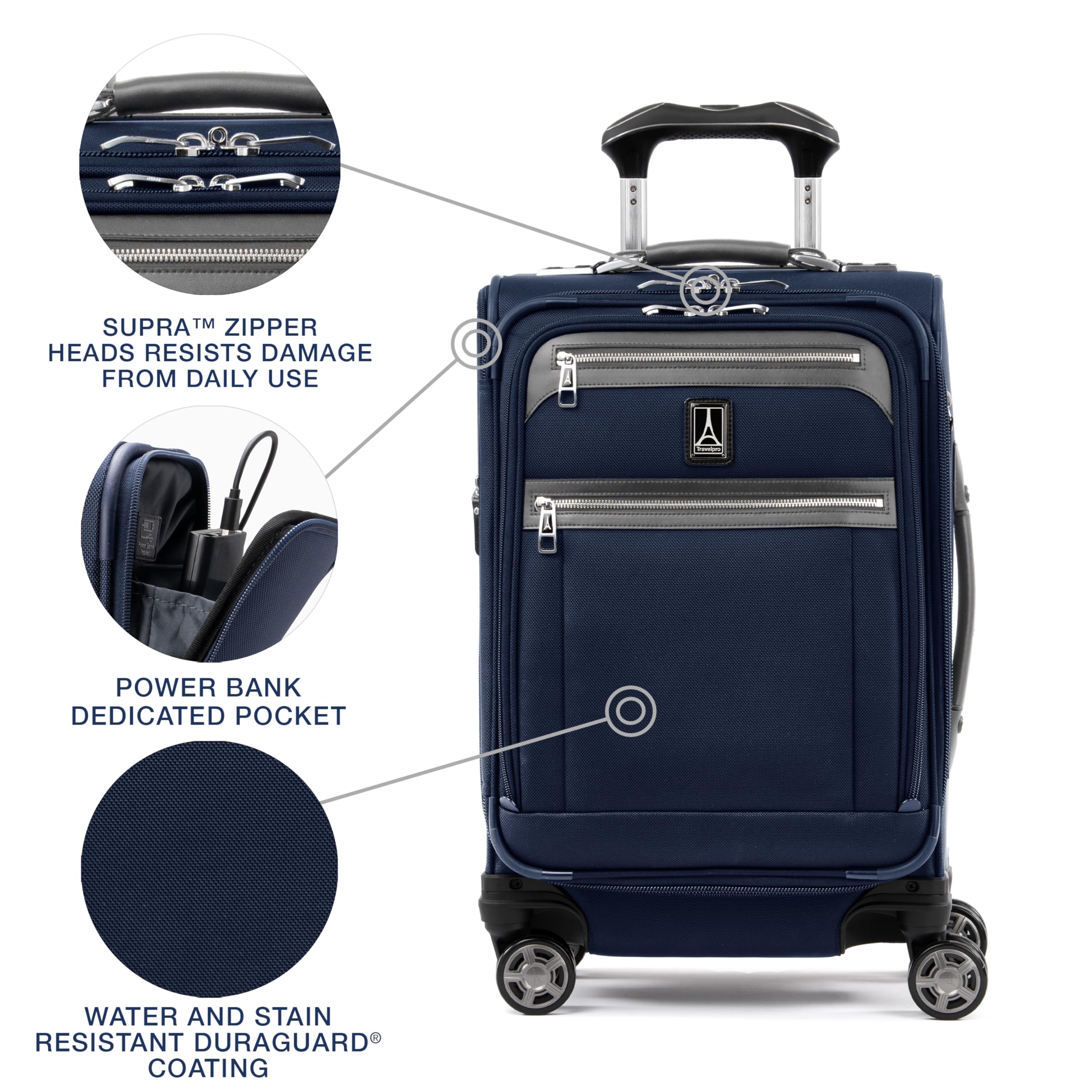 Travelpro Platinum Elite Softside Expandable Checked Luggage, 8 Wheel Spinner Large Suitcase, TSA Lock, Men and Women ( Dark Blue , Carry-On 21-Inch ) Dark Blue Carry On 21 Inch U1