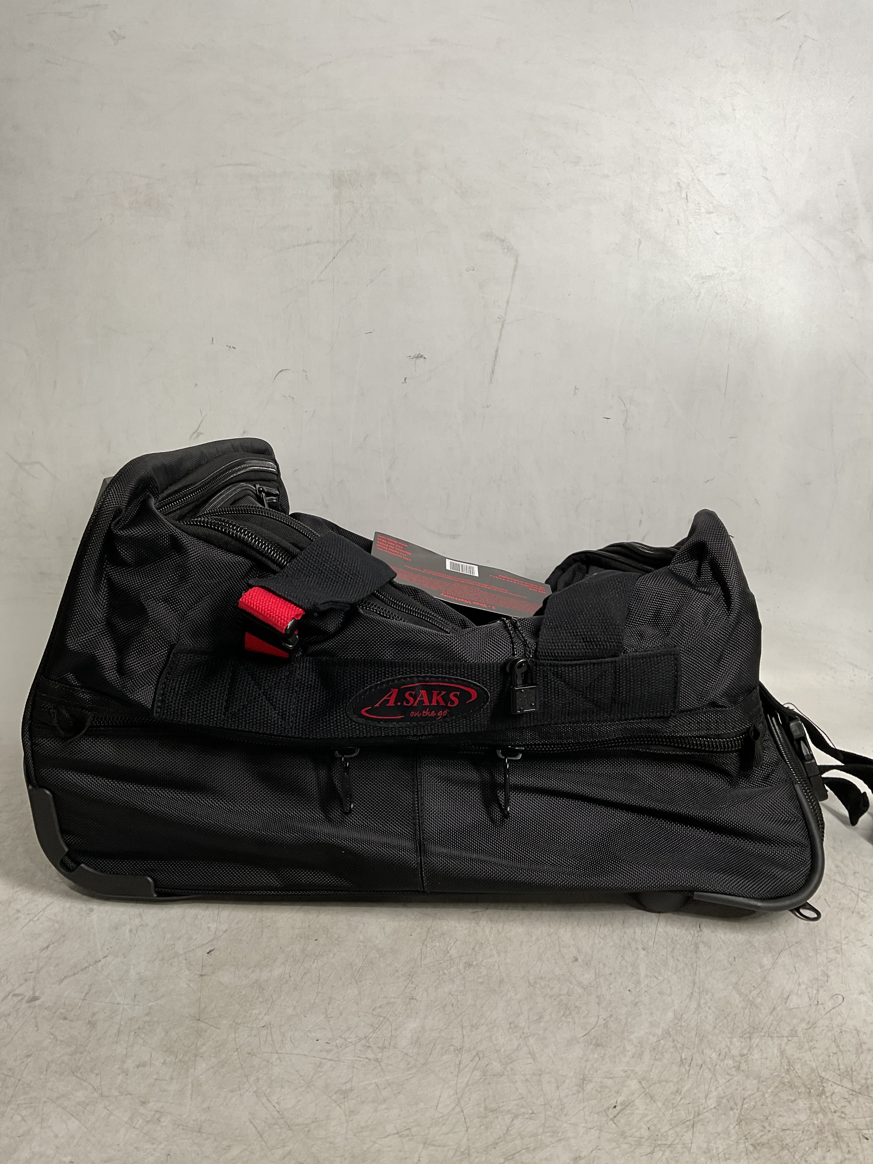 A.SAKS Rolling Trolley Duffel Bag 20-Inch Carry-On, Expandable with 2-Wheels and Telescoping Handle for Easy Traveling, Lightweight and Durable, Black with Red Details Black/Red 20-inch U1