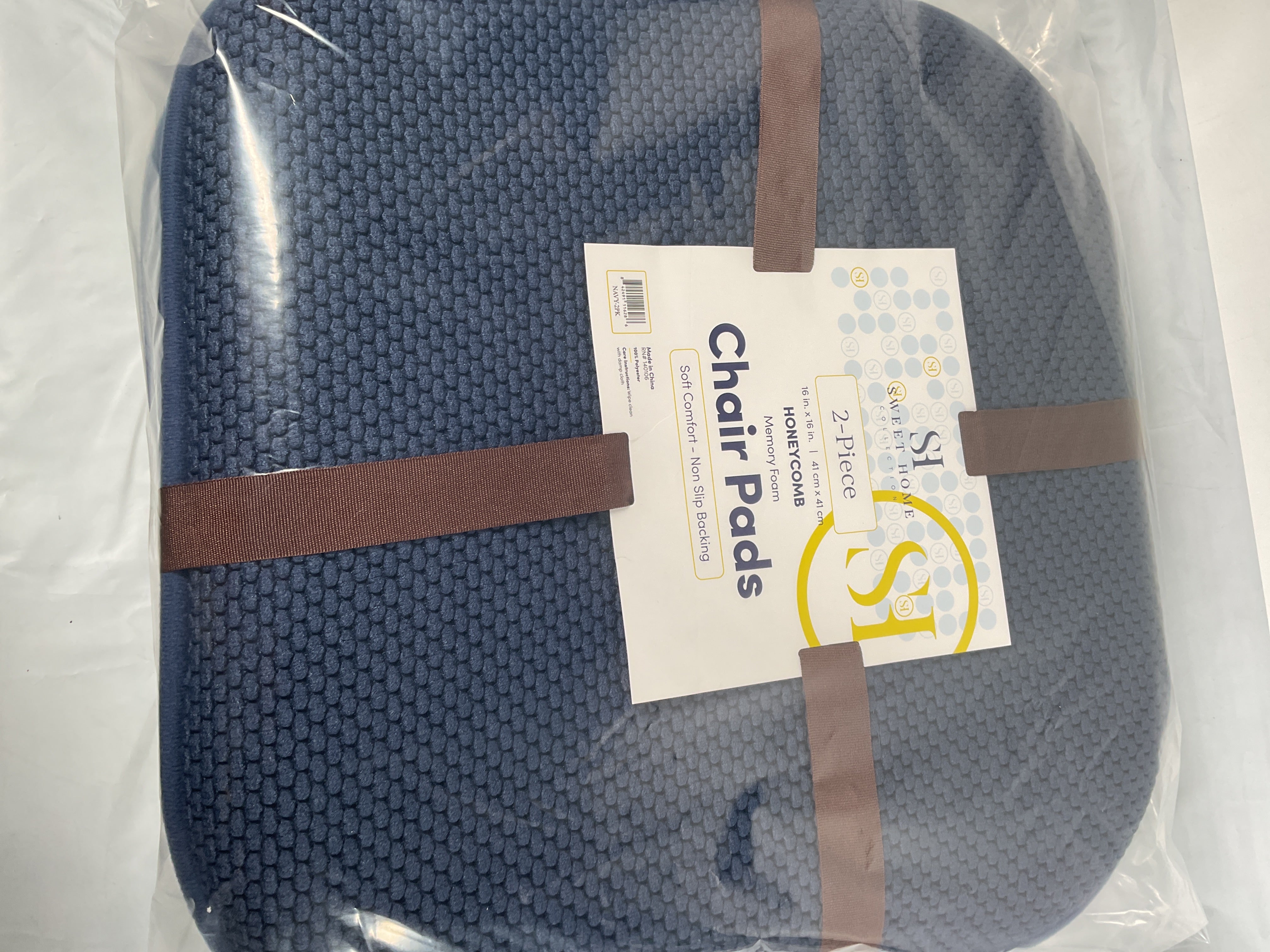 Sweet Home Collection Memory Foam Chair Cushion Honeycomb Pattern Solid Color Slip Non Skid Rubber Back Ultimate Comfort and Softness Rounded Square 16" x 16" Seat Cover,2 Pack,Navy Blue, 2 Piece Navy 2 Pack U1