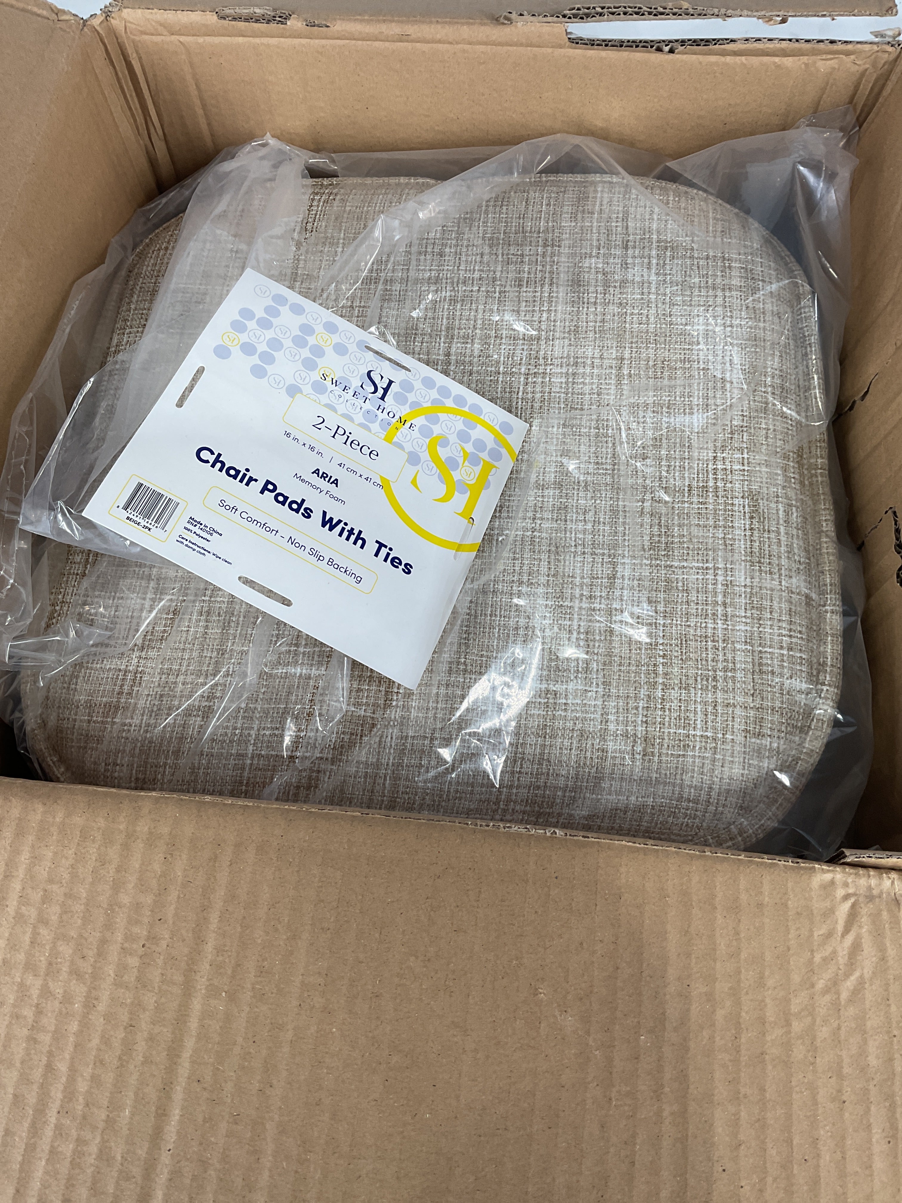 Sweet Home Collection Chair Cushion Memory Foam Pads with Ties Honeycomb Pattern Slip Non Skid Rubber Back Rounded Square 16" x 16" Seat Cover, 2 Pack, Aria Beige 6 pack U2