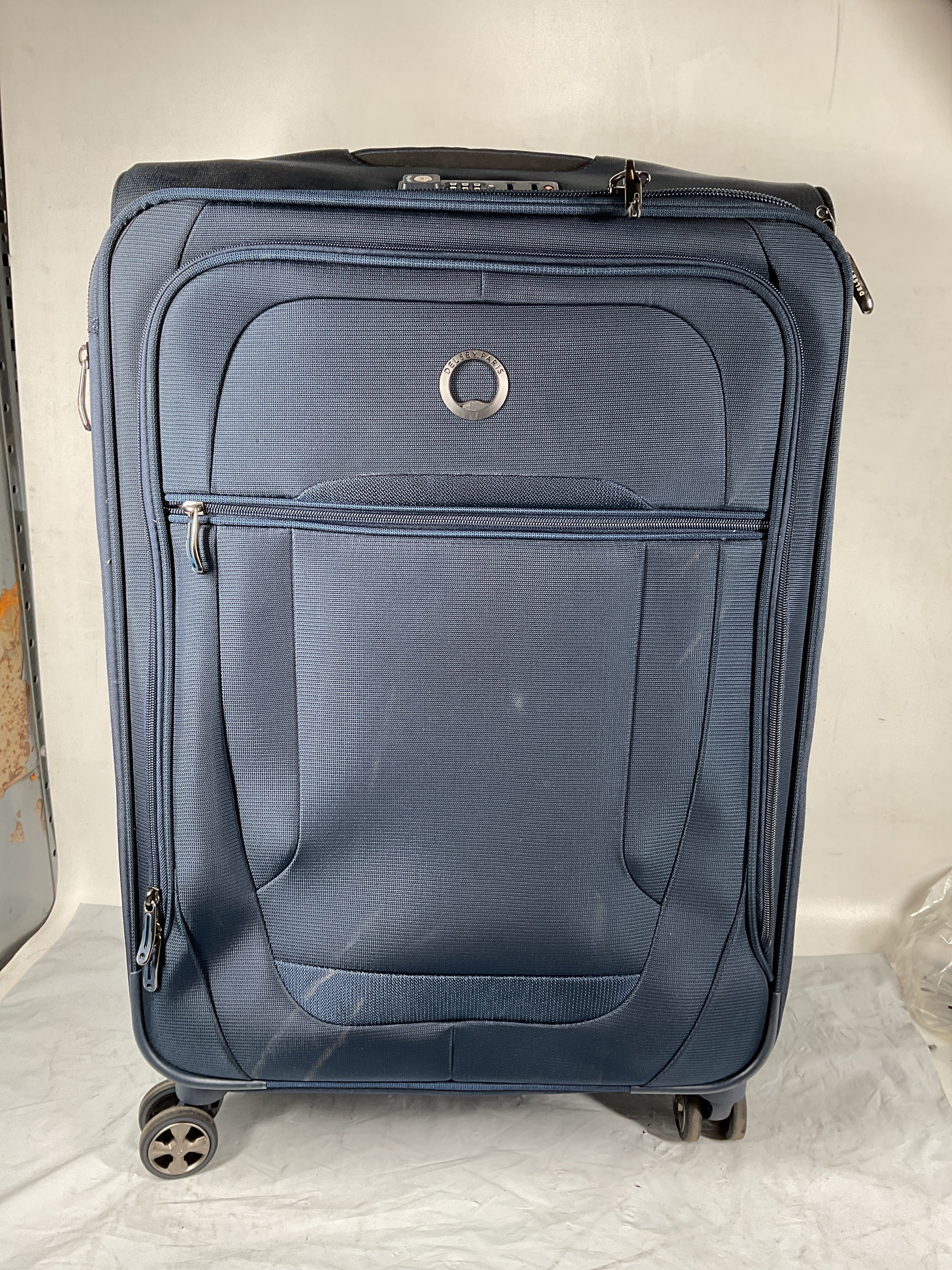 DELSEY Paris Helium DLX Softside Expandable Luggage with Spinner Wheels ( Navy Blue , Checked-Medium 25 Inch ) Navy Blue Checked Medium 25 Inch U2
