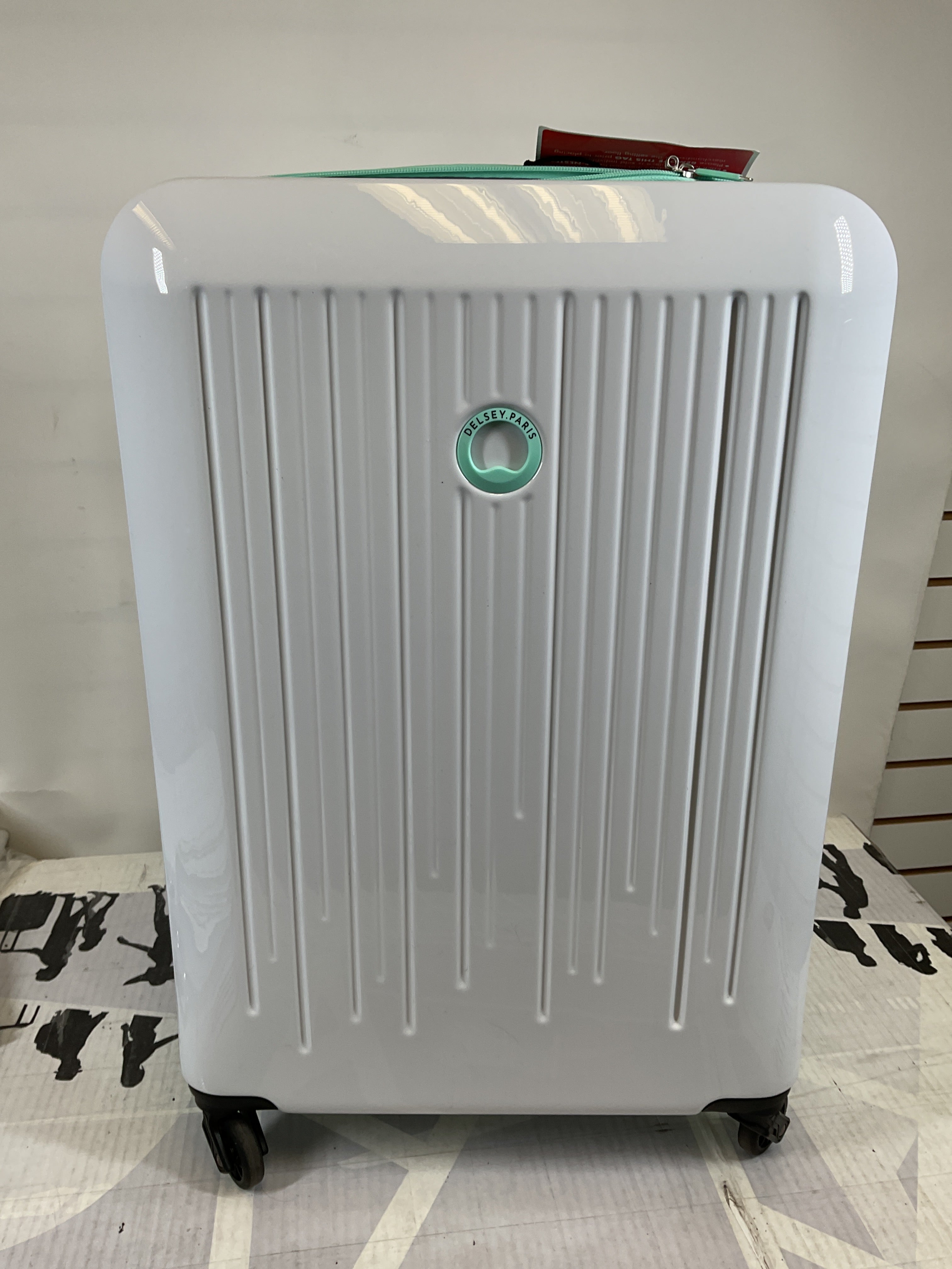 Delsey Paris Christine Hardside Expandable Luggage with Spinner Wheels ( White with Teal Trim , Checked-Medium 24 Inch ) White with Teal Trim Checked Medium 24 Inch U1