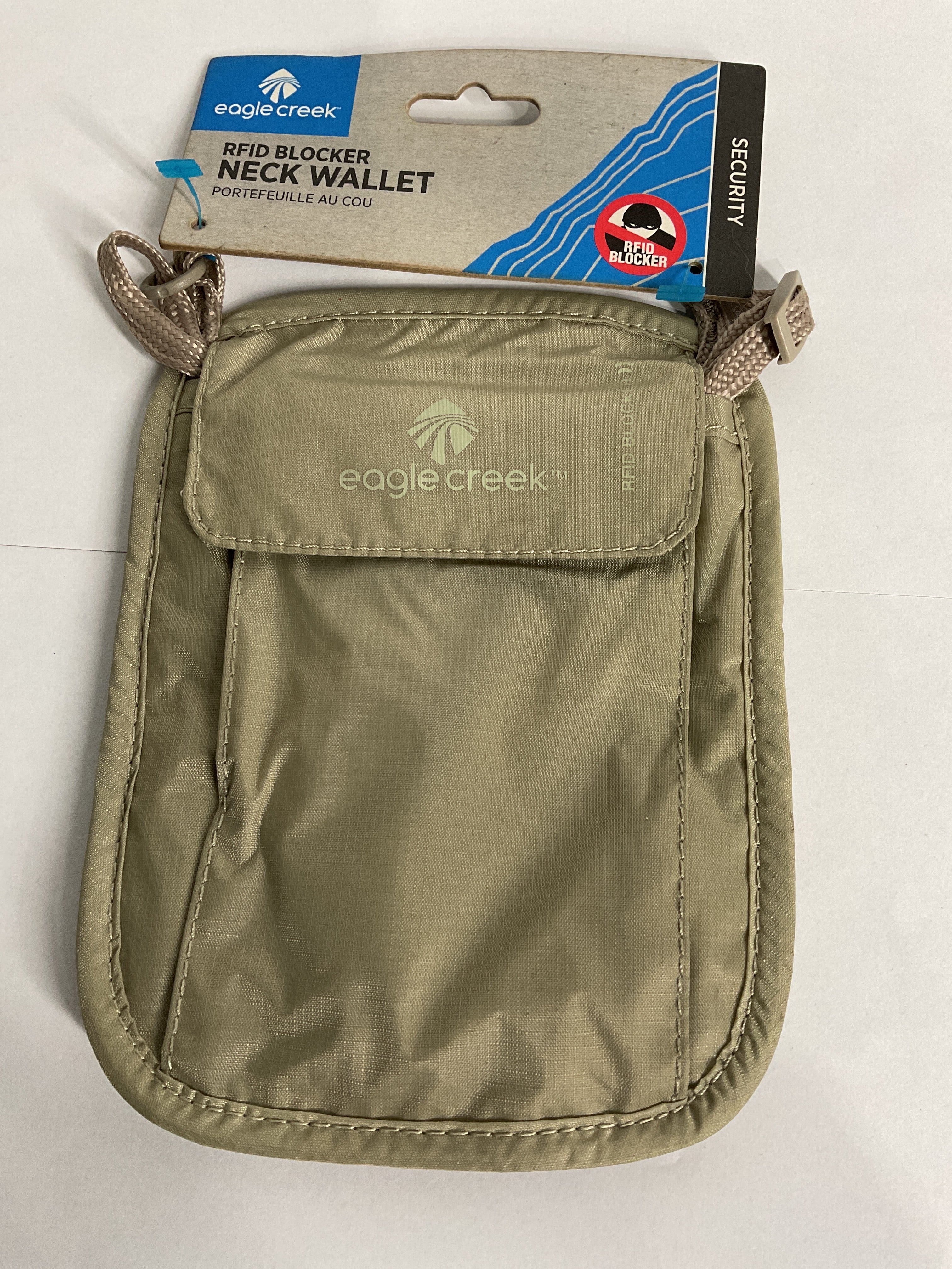 eagle creek RFID Blocker Neck Wallet - Durable and Lightweight Travel Passport and Valuables Organizer with Hook and Loop Closure and Adjustable Neck Strap, Tan Tan One Size U1