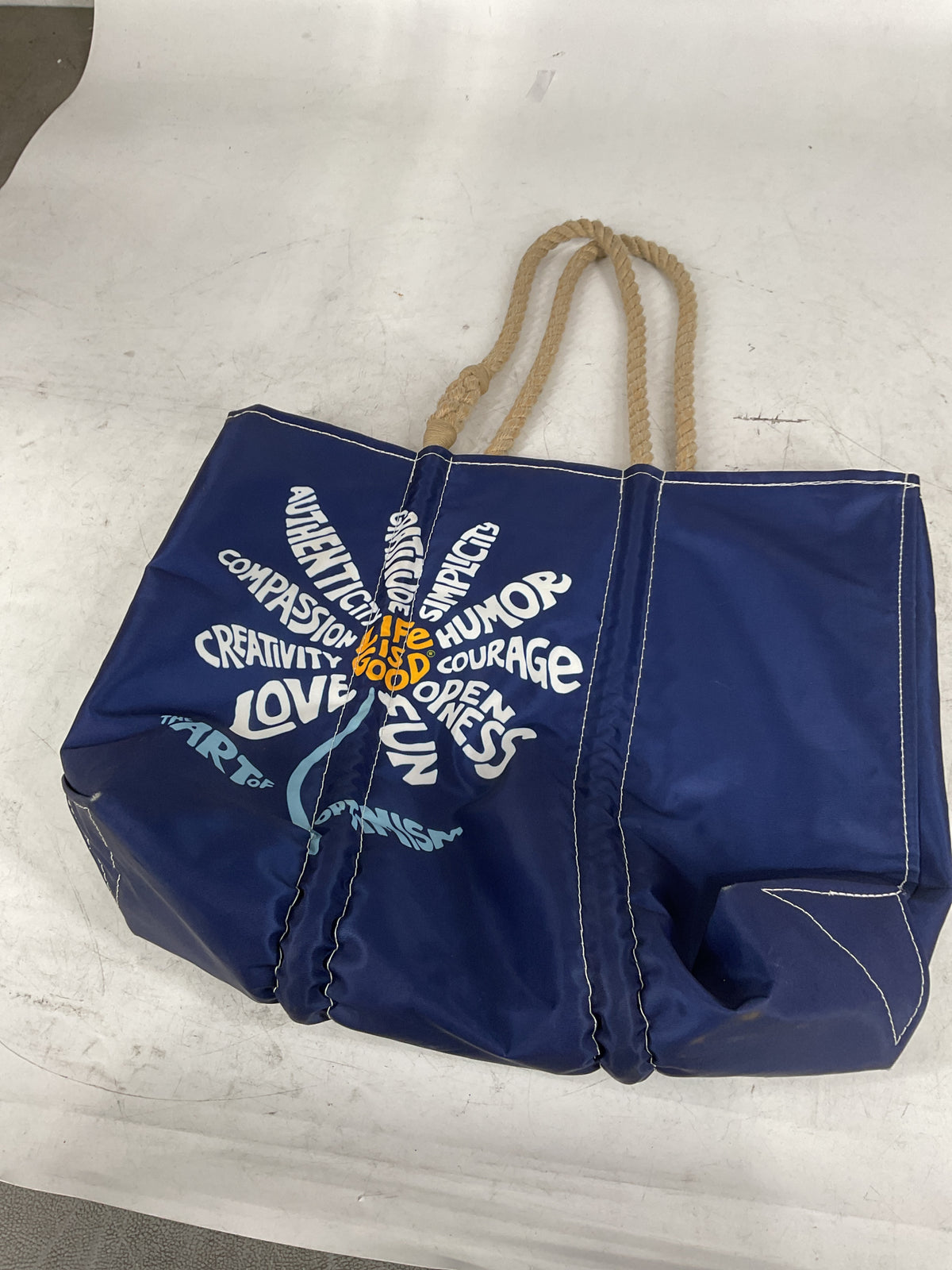 Sea Bags Recycled Sail Cloth Life is Good Medium Tote Travel Tote Bag, Carry On Bag, Tote Bag for Work Rope Handles U1