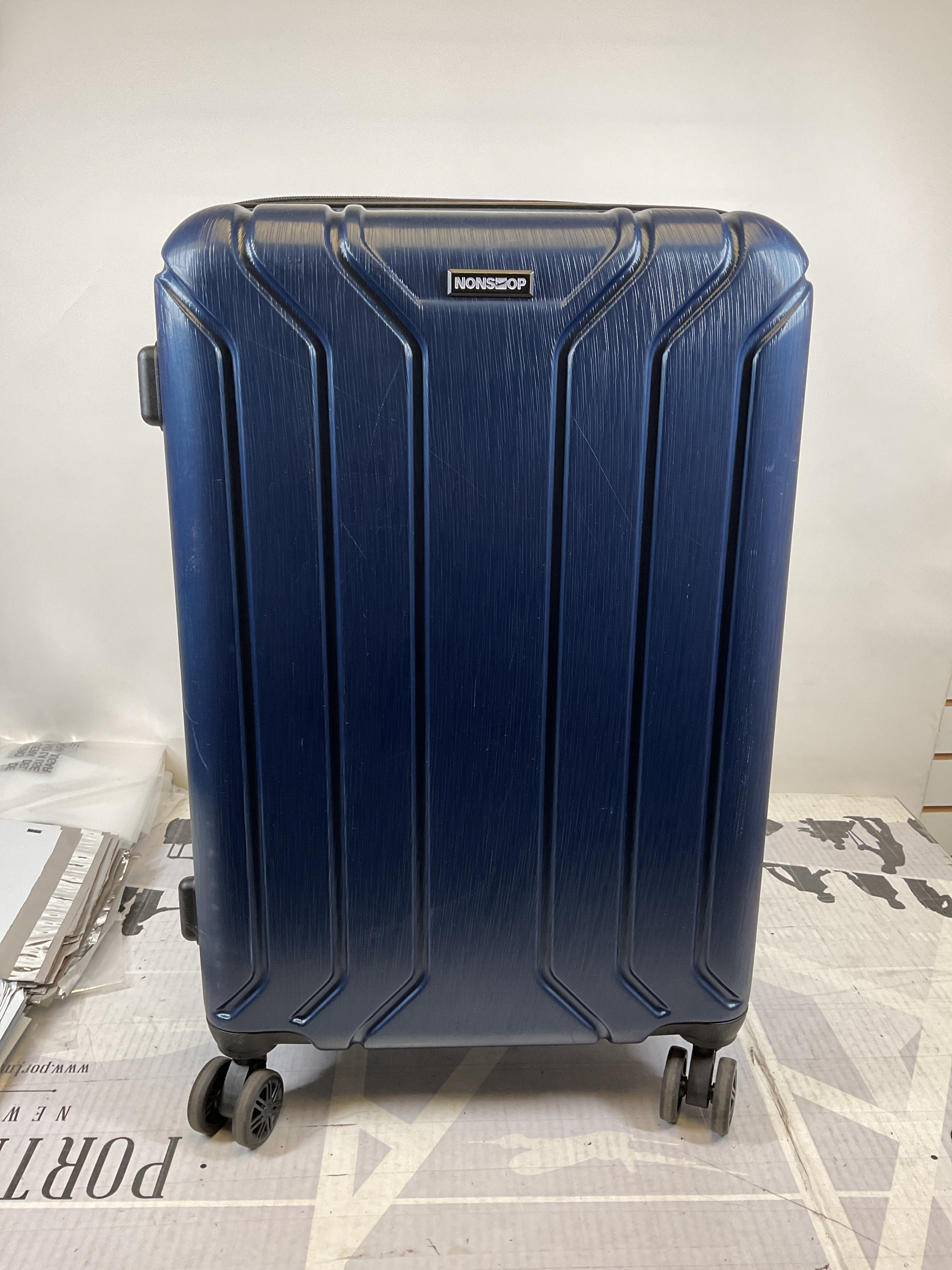 NONSTOP NEW YORK Luggage Expandable Spinner Wheels hard side shell Travel Suitcase Lightweight, TSA Lock, Double USB Port ( Navy , Checked-Medium 24-Inch ) Navy Checked Medium 24 Inch U7