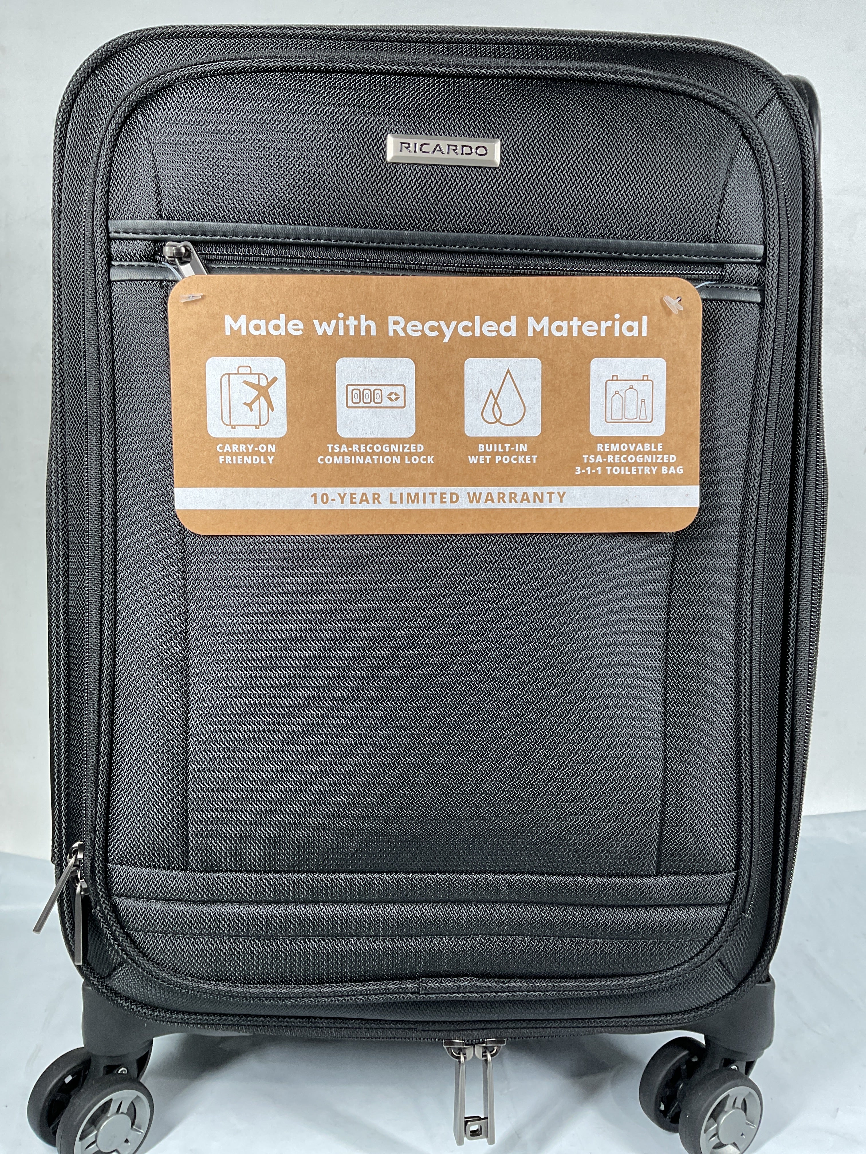 Ricardo Beverly Hills Avalon Softside Luggage Made with Sustainable 100% Recycled PET (rPET), Lightweight, Eco-Friendly Travel, Expandable, Dual Spinner Wheels ( Black , 20-inch ) Black 20 Inch U1