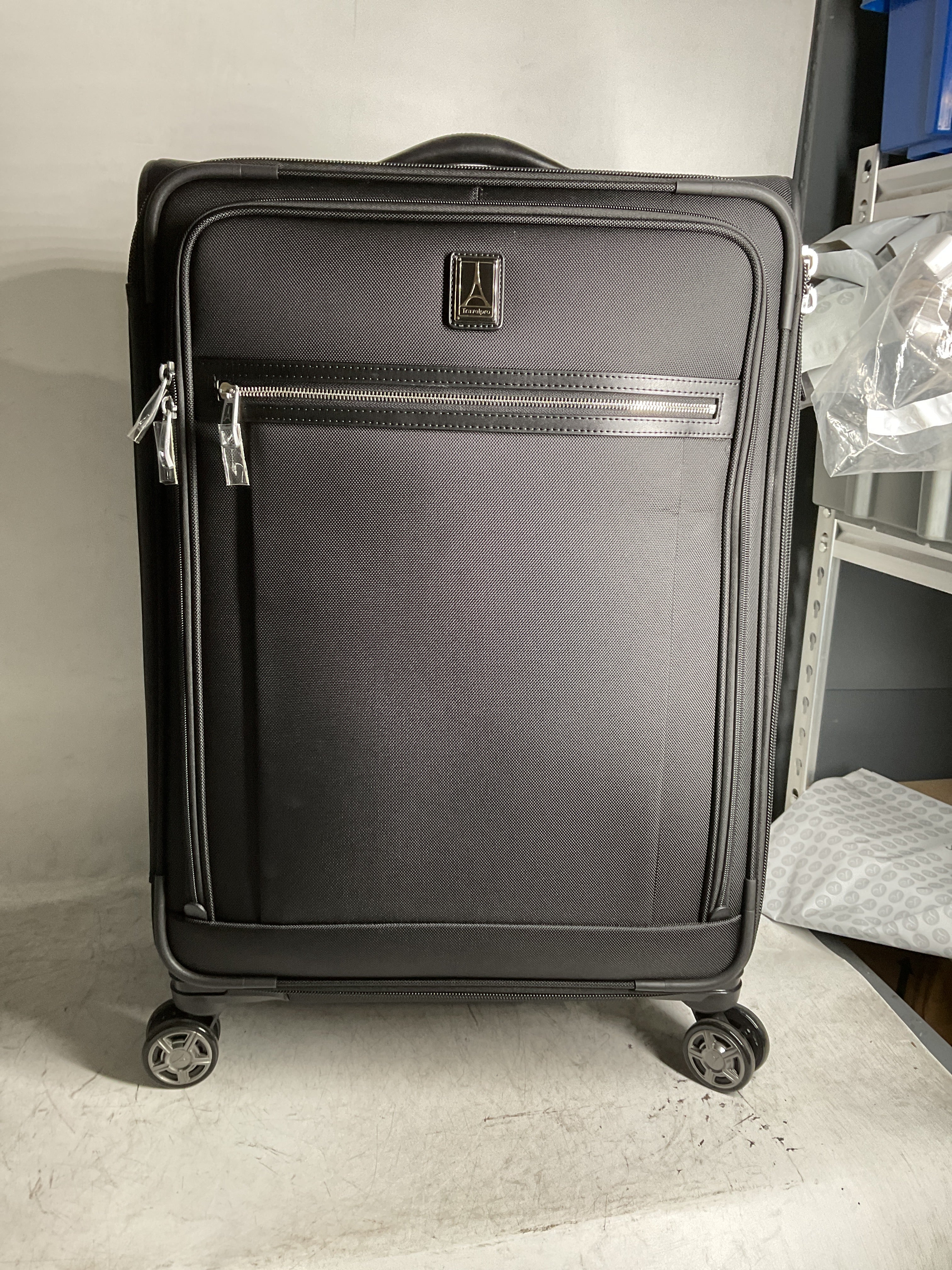 Travelpro Platinum Elite Softside Expandable Checked Luggage, 8 Wheel Spinner Large Suitcase, TSA Lock, Men and Women ( Shadow Black , Checked-Medium 25-Inch ) Shadow Black Checked Medium 25 Inch U12