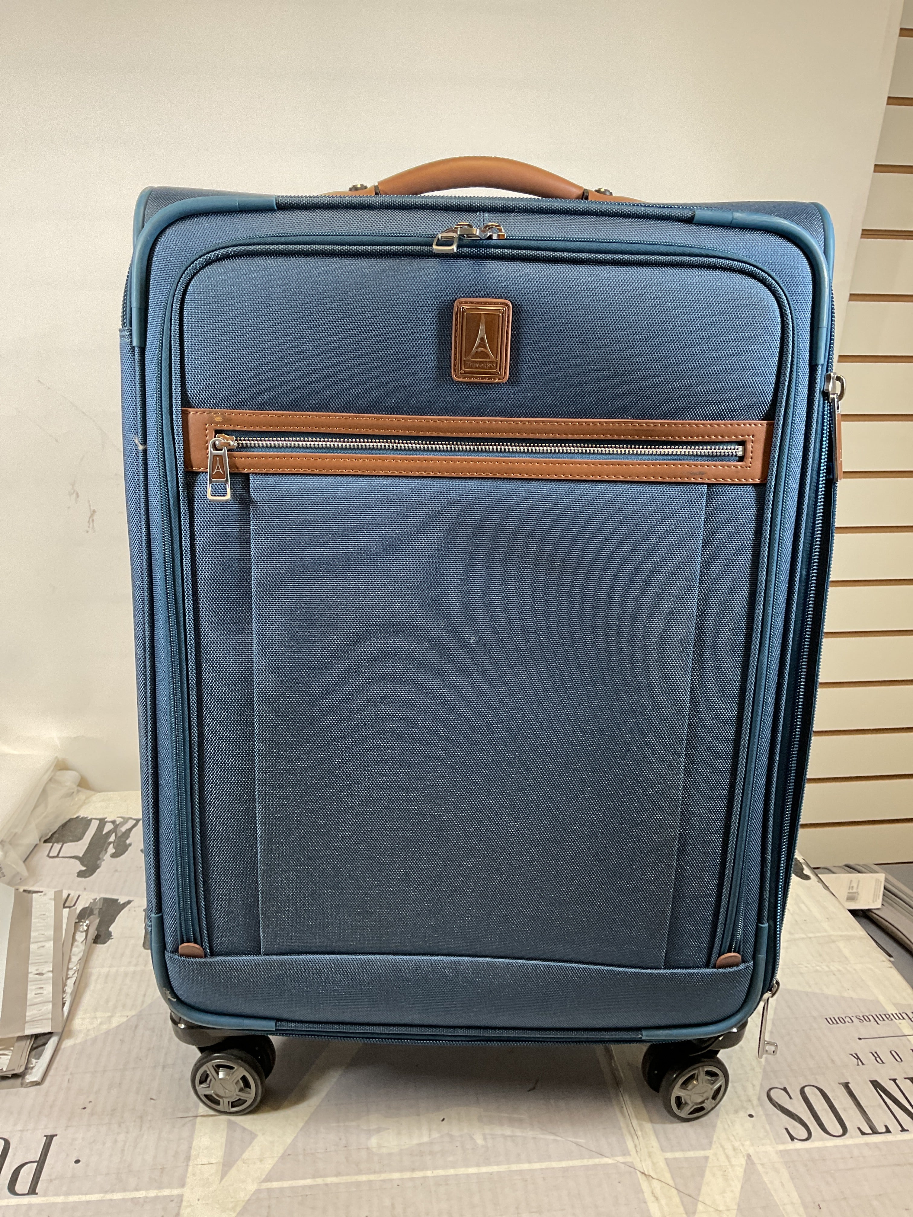 Travelpro Platinum Elite Softside Expandable Checked Luggage, 8 Wheel Spinner Suitcase, TSA Lock, Men and Women, Checked Medium 25-Inch ( Coastal Blue , Checked-Medium 25-Inch ) Coastal Blue Checked Medium 25 Inch U3
