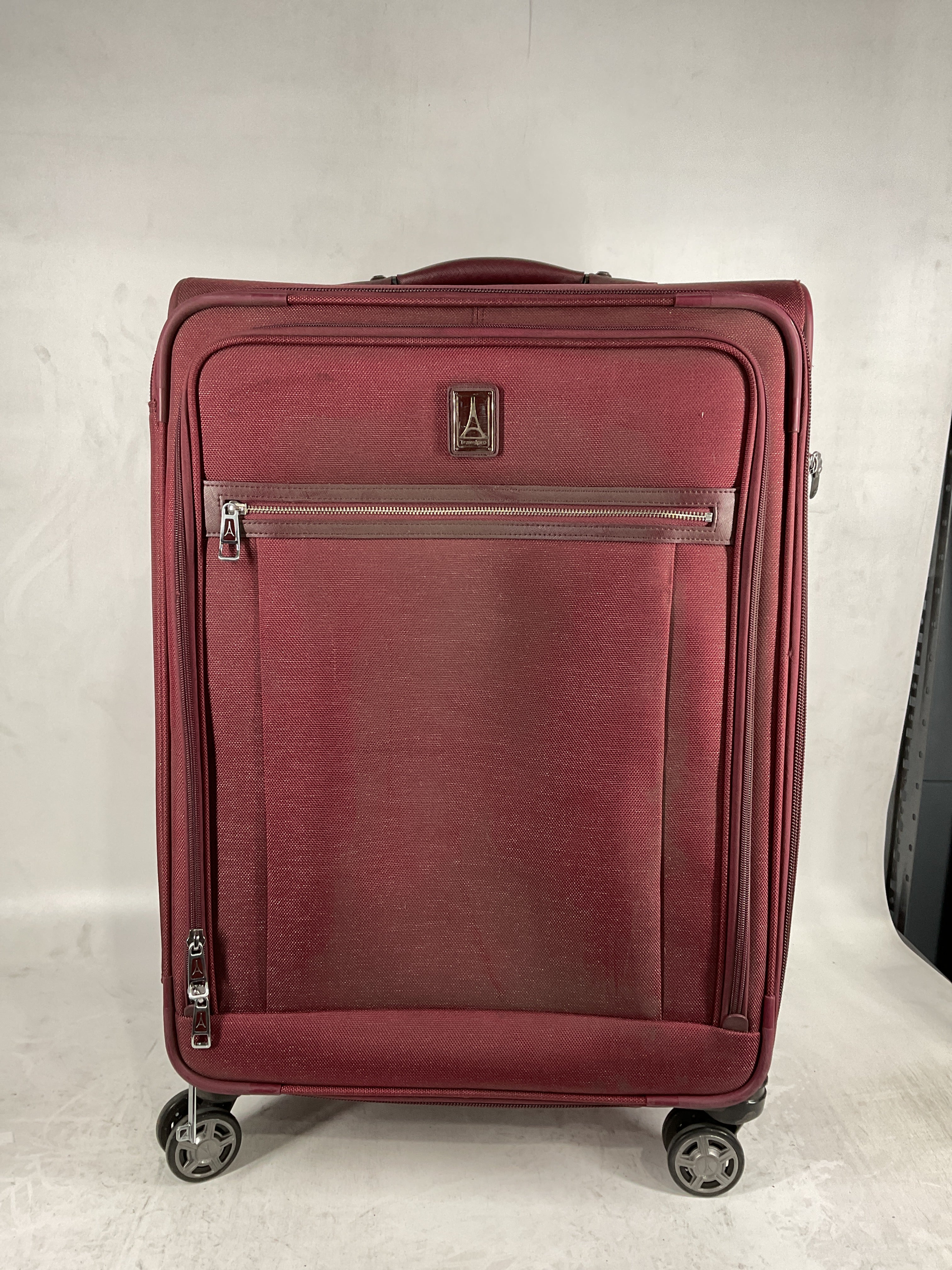 Travelpro Platinum Elite Softside Expandable Luggage, 8 Wheel Spinner Suitcase, USB Port, Suiter, Men and Women Bordeaux Checked Medium 25 Inch U2