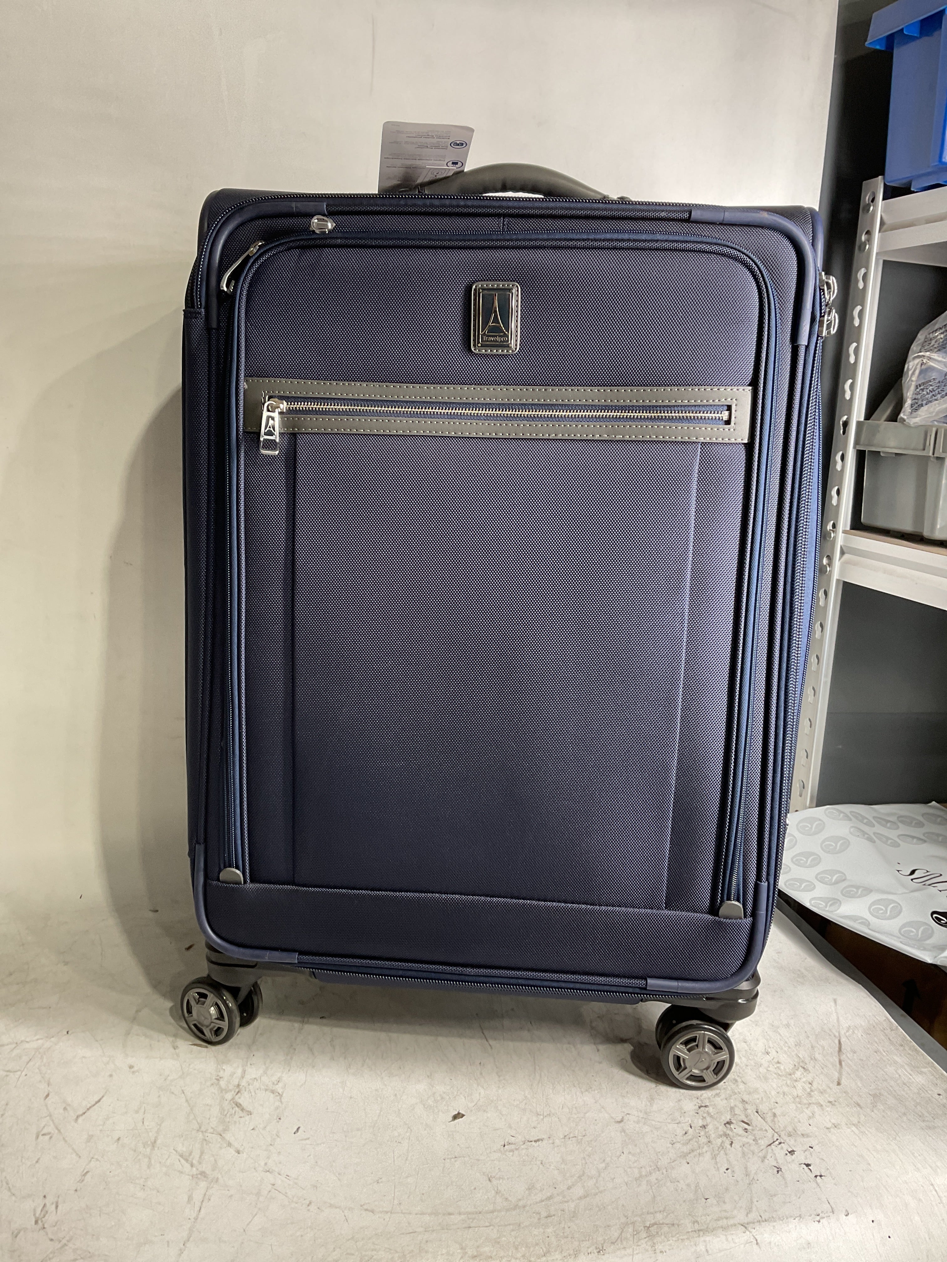 Travelpro Platinum Elite Softside Expandable Checked Luggage, 8 Wheel Spinner Large Suitcase, TSA Lock, Men and Women ( Dark Blue , Checked-Medium 25-Inch ) Dark Blue Checked Medium 25 Inch U1