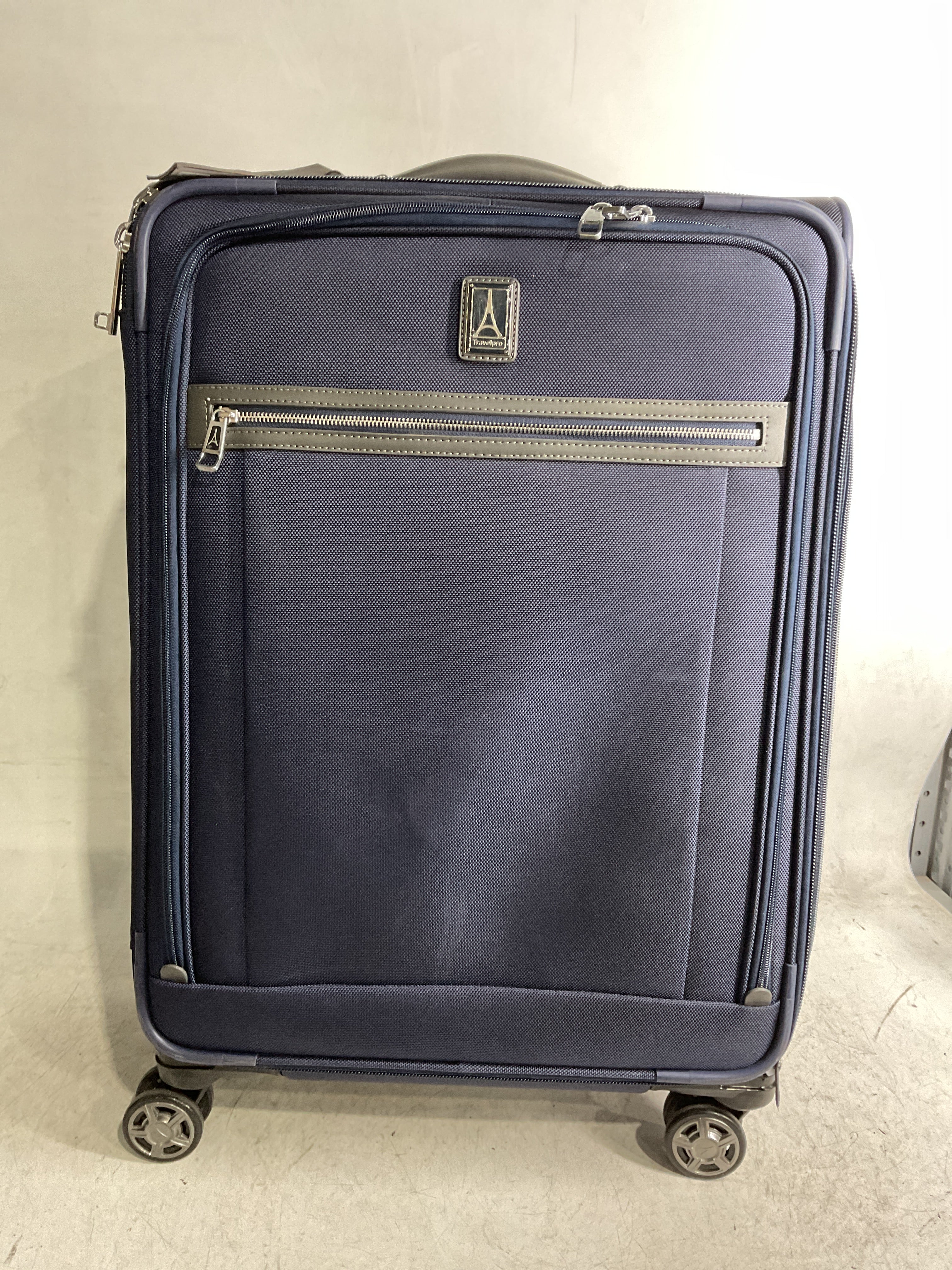 Travelpro Platinum Elite Softside Expandable Checked Luggage, 8 Wheel Spinner Large Suitcase, TSA Lock, Men and Women ( Dark Blue , Checked-Medium 25-Inch ) Dark Blue Checked Medium 25 Inch U2
