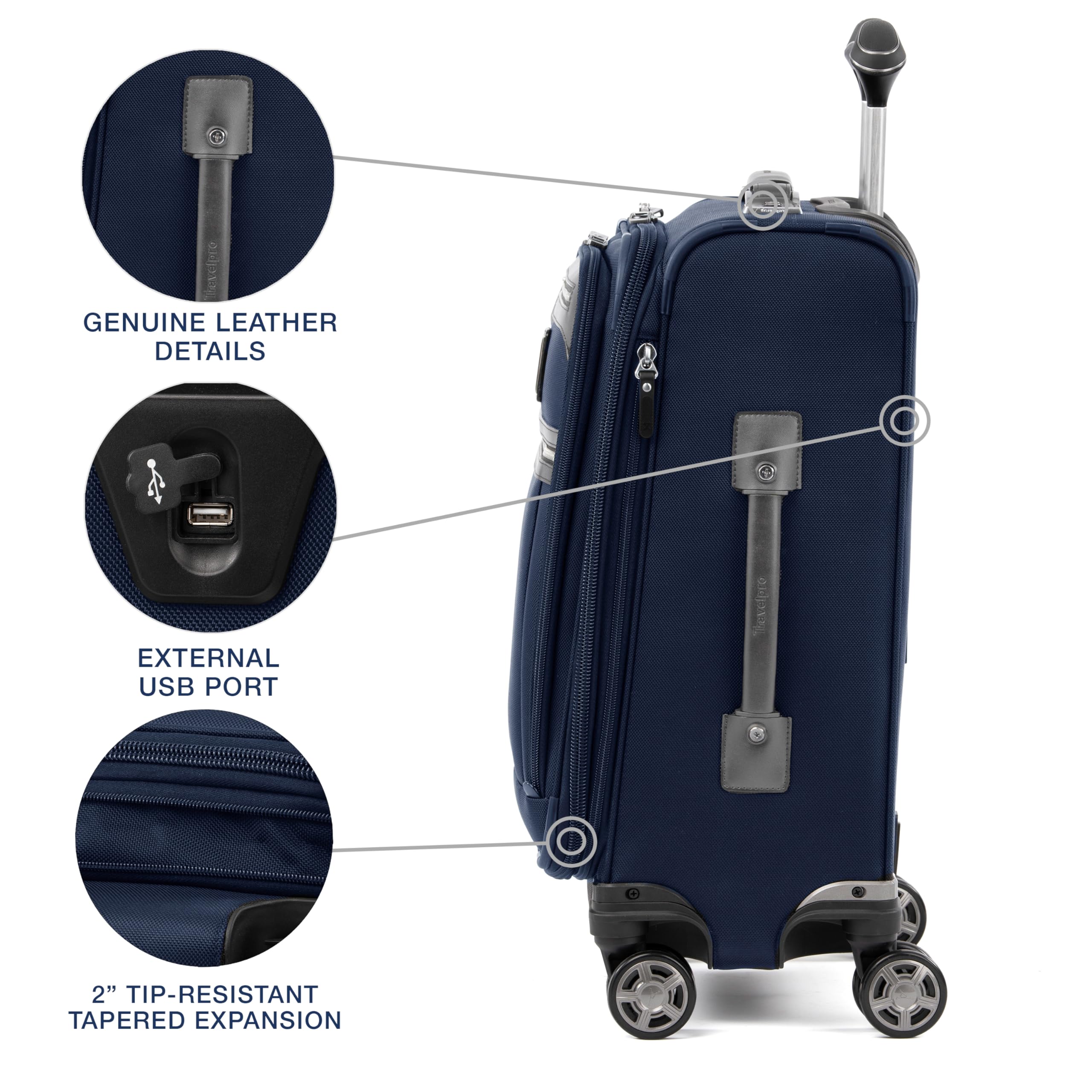 Travelpro Platinum Elite Softside Expandable Checked Luggage, 8 Wheel Spinner Large Suitcase, TSA Lock, Men and Women ( Dark Blue , Carry-On 21-Inch ) Dark Blue Carry On 21 Inch U2