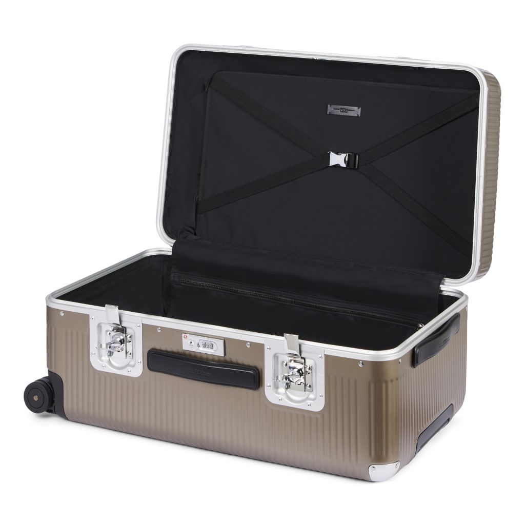 FPM Milano Bank Light Spinner, Durable Luxury Luggage Made in Italy, 4-Wheeled Smooth Dual Spinner Wheels, TSA Lock and Butterfly Clips for Safety ( Matte Almond , Medium Trunk ) Matte Almond Medium Trunk U1