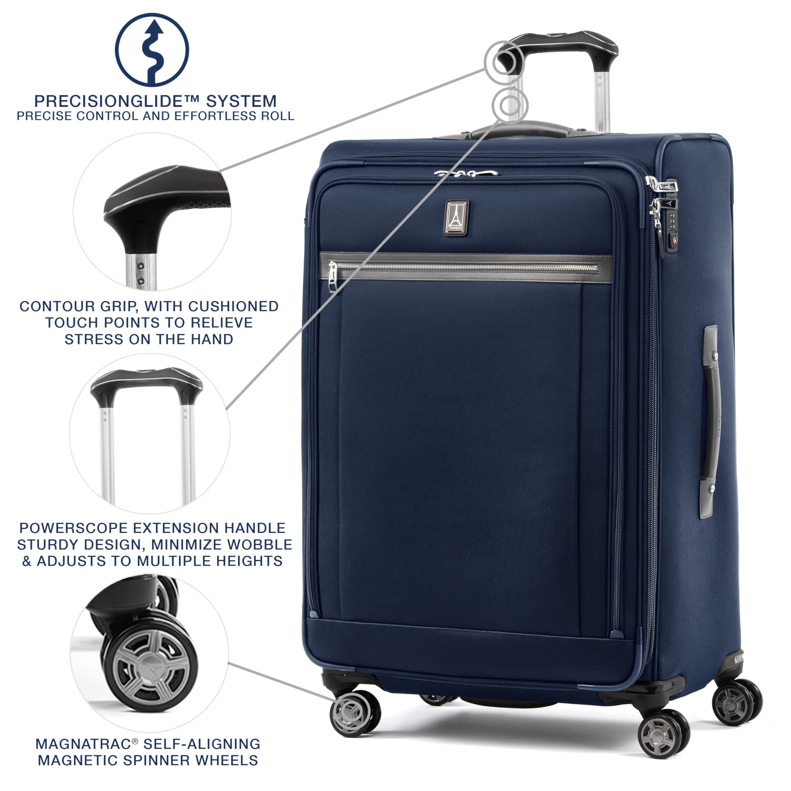 Travelpro Platinum Elite Softside Expandable Checked Luggage, 8 Wheel Spinner Large Suitcase, TSA Lock, Men and Women ( Dark Blue , Checked-Large 29-Inch ) Dark Blue Checked Large 29 Inch U2