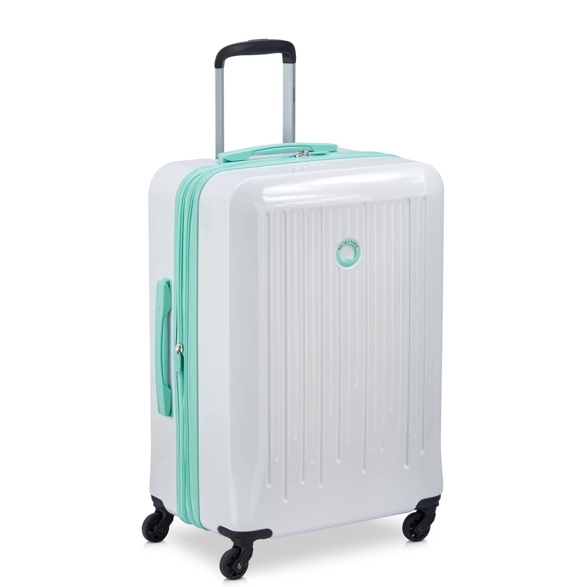 Delsey Paris Christine Hardside Expandable Luggage with Spinner Wheels ( White with Teal Trim , Checked-Medium 24 Inch ) White with Teal Trim Checked Medium 24 Inch U1