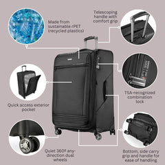 Ricardo Beverly Hills Avalon Softside Luggage Made with Sustainable 100% Recycled PET (rPET), Lightweight, Eco-Friendly Travel, Expandable, Dual Spinner Wheels ( Black , 28-inch ) Black 28 Inch U1
