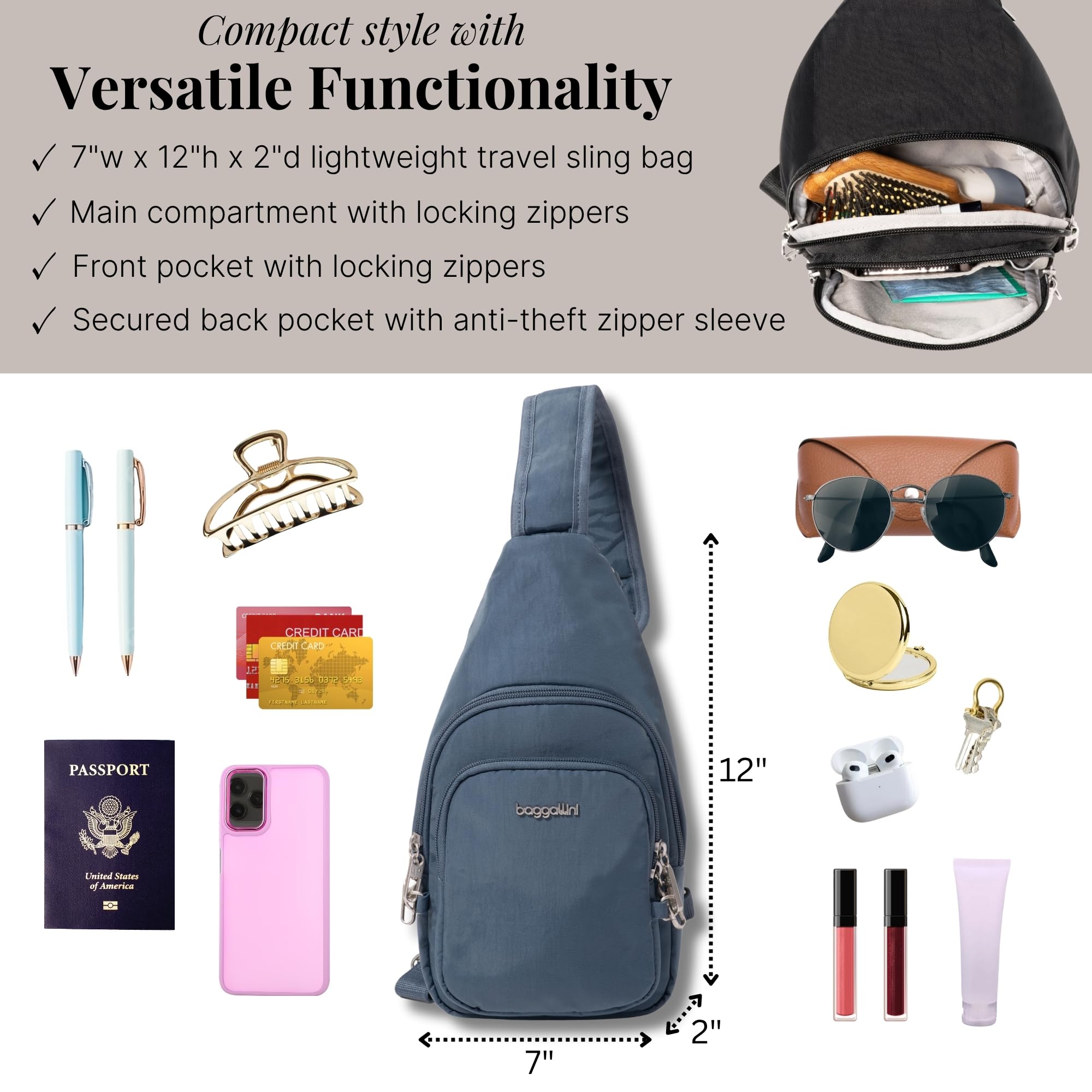 Baggallini Securtex Anti-Theft Daytripper Sling ( Mist , One Size ) Mist One Size U1