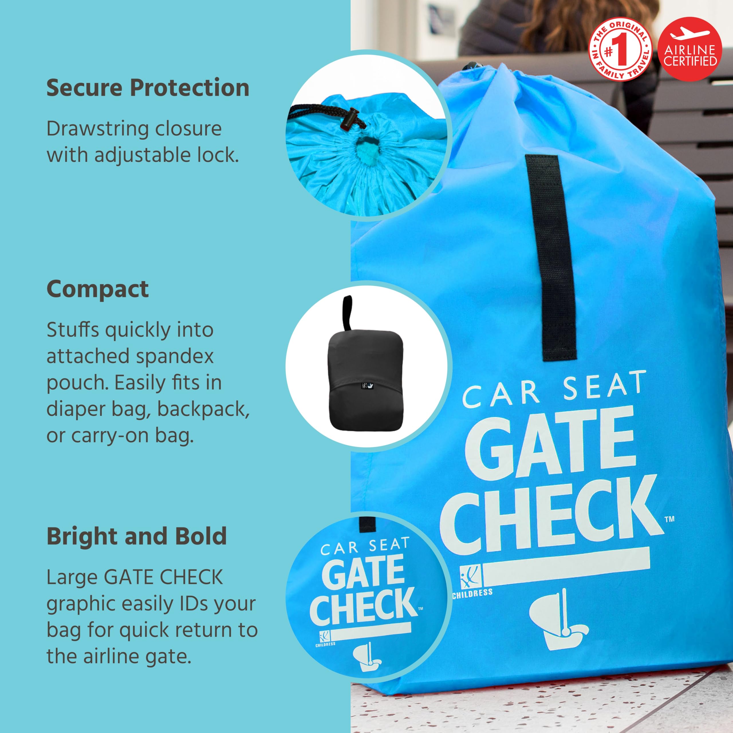 J.L. Childress Gate Check Bag for Car Seats - Air Travel Bag - Fits Convertible Car Seats, Infant carriers & Booster Seats ( Neon Blue , One Size ) Neon Blue One Size U1