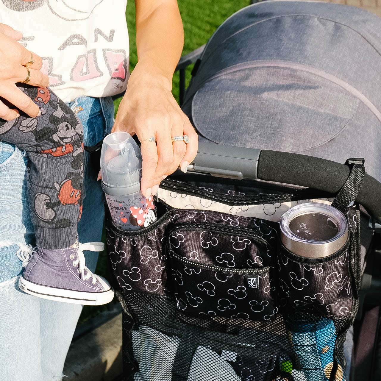 J.L. Childress Cups 'N Cargo, Universal Fit Stroller Organizer with Extra Large Storage, Expandable Deep Cup Holders, Multiple Zippered Pockets, Unique Large Mesh Bag for Larger Items ( Mickey Black , One Size ) Mickey Black One Size U6