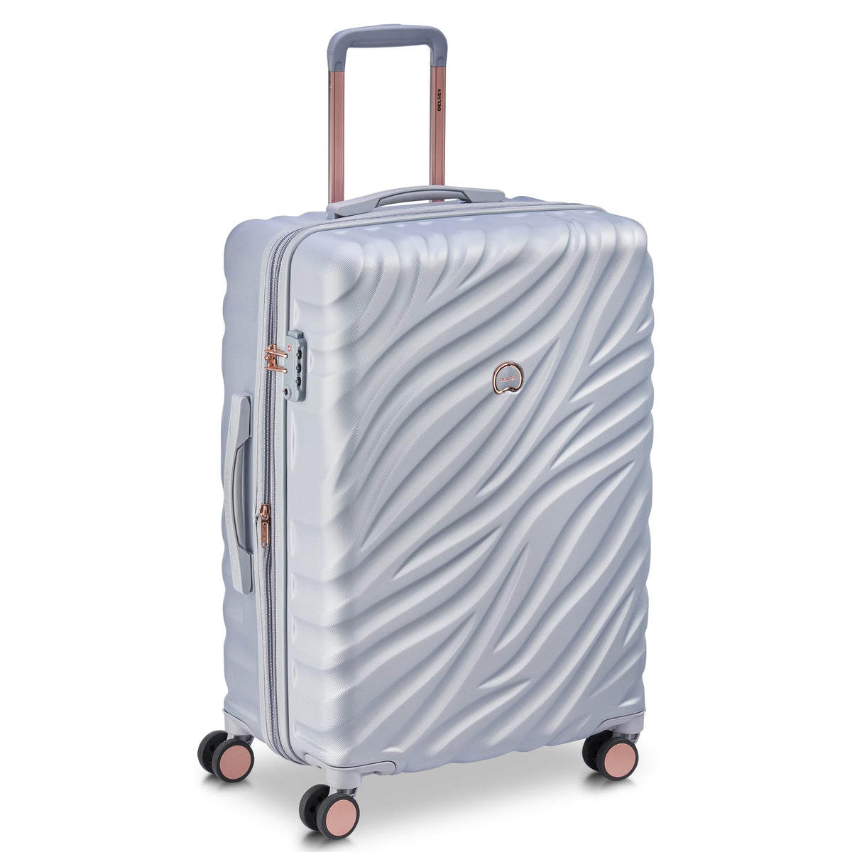 Delsey Alexis Lightweight Luggage, 4-Wheel Spinners Hardshell Suitcase, Expandable with TSA Lock  ( Platinum/Rose Gold , Checked-Medium 25-Inch ) Platinum/Rose Gold Checked Medium 25 Inch U9
